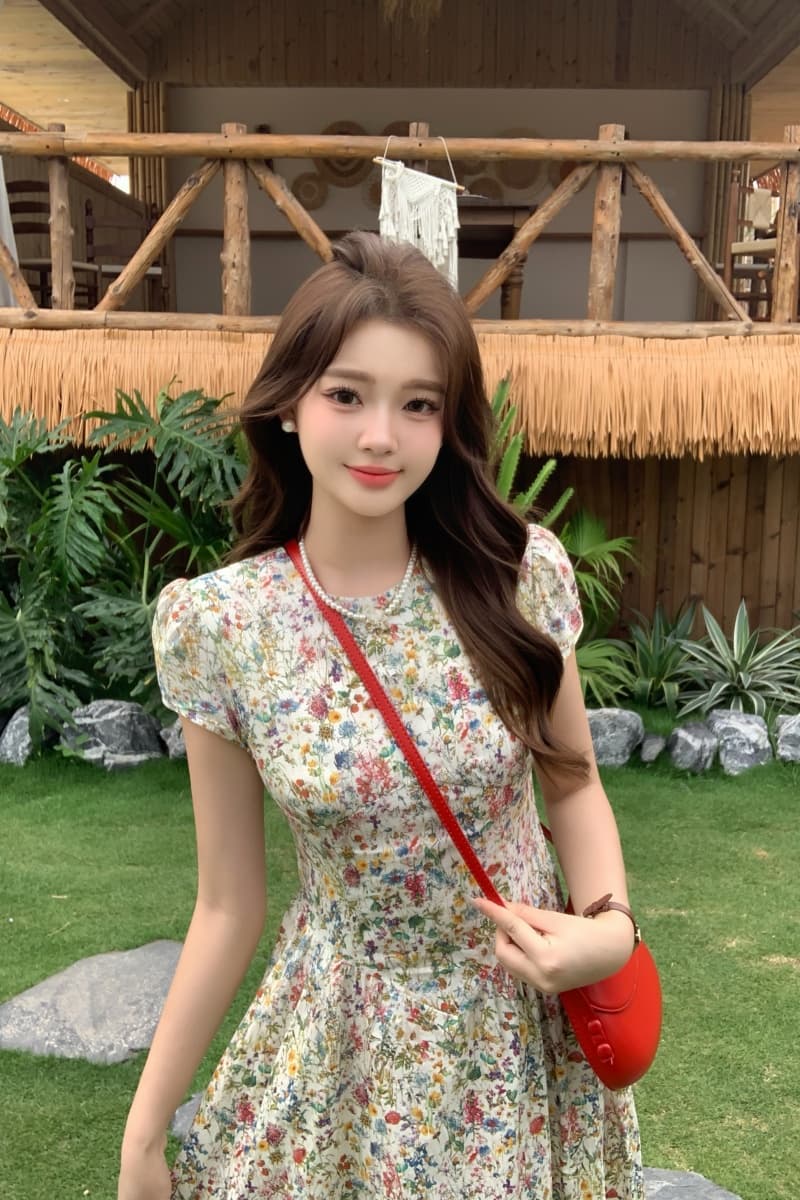 실사 빅 사이즈 여성 의류 지방 mm 프랑스식 레트로 라운드 넥 품격 허리 수축 슬림해 보이는 유화 센스 꽃무늬 드레스 상세 이미지 5