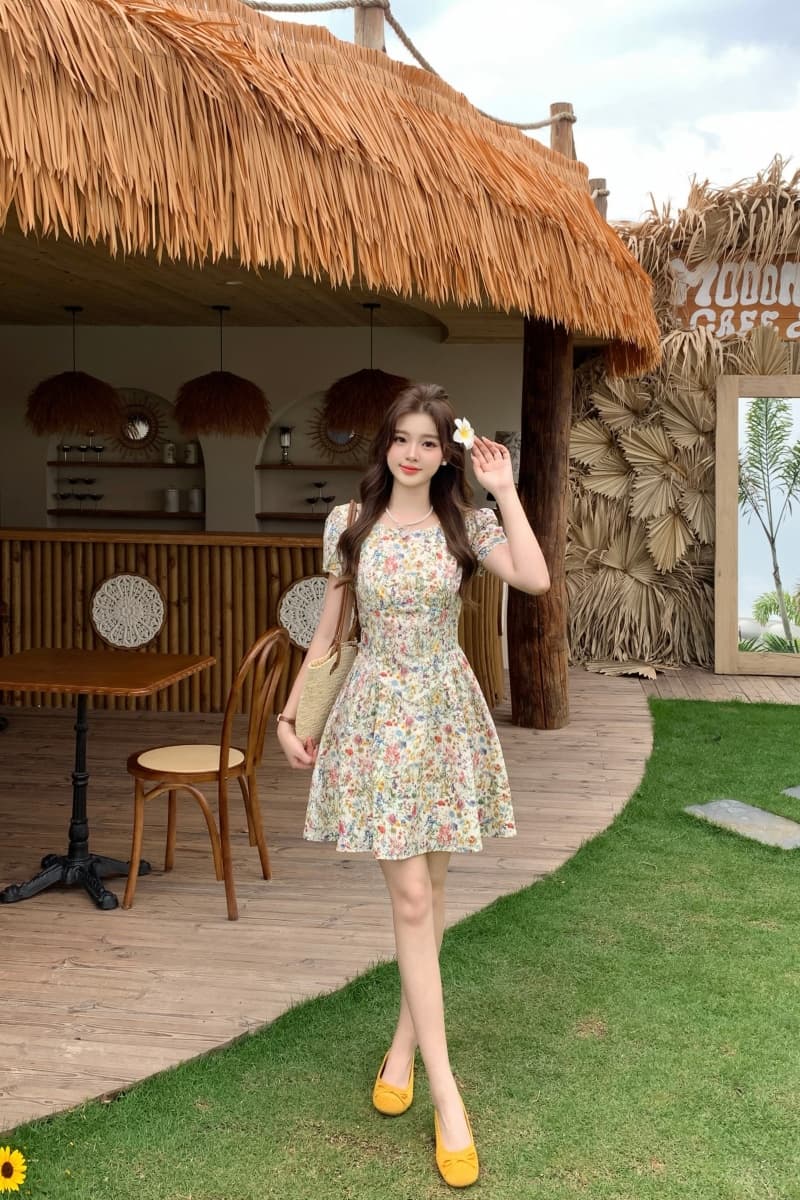 실사 빅 사이즈 여성 의류 지방 mm 프랑스식 레트로 라운드 넥 품격 허리 수축 슬림해 보이는 유화 센스 꽃무늬 드레스 상세 이미지 9