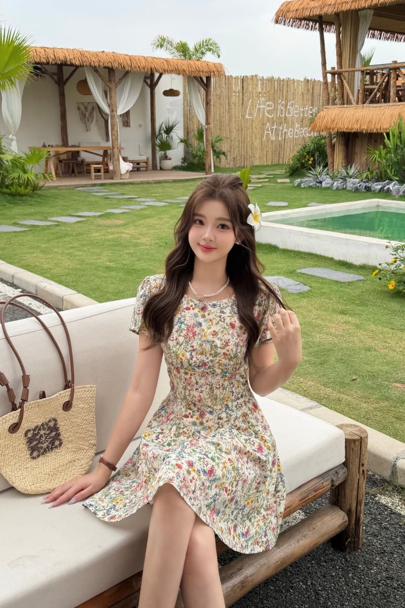 실사 빅 사이즈 여성 의류 지방 mm 프랑스식 레트로 라운드 넥 품격 허리 수축 슬림해 보이는 유화 센스 꽃무늬 드레스 상세 이미지 10