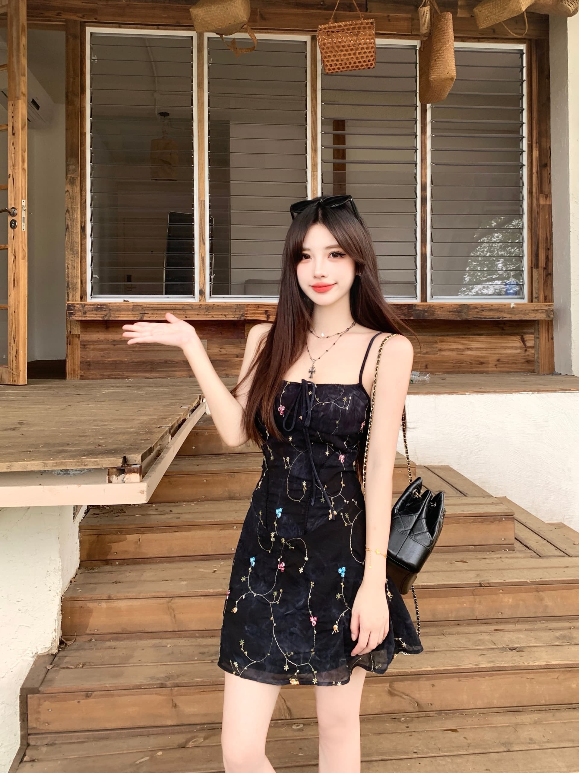 실사 빅 사이즈 여성 의류 지방 mm 뮤즈 정원 아메리칸 장미 자수 쉬폰 허리 수축 슬림해 보이는 섹시함 슬립 드레스 상세 이미지 11