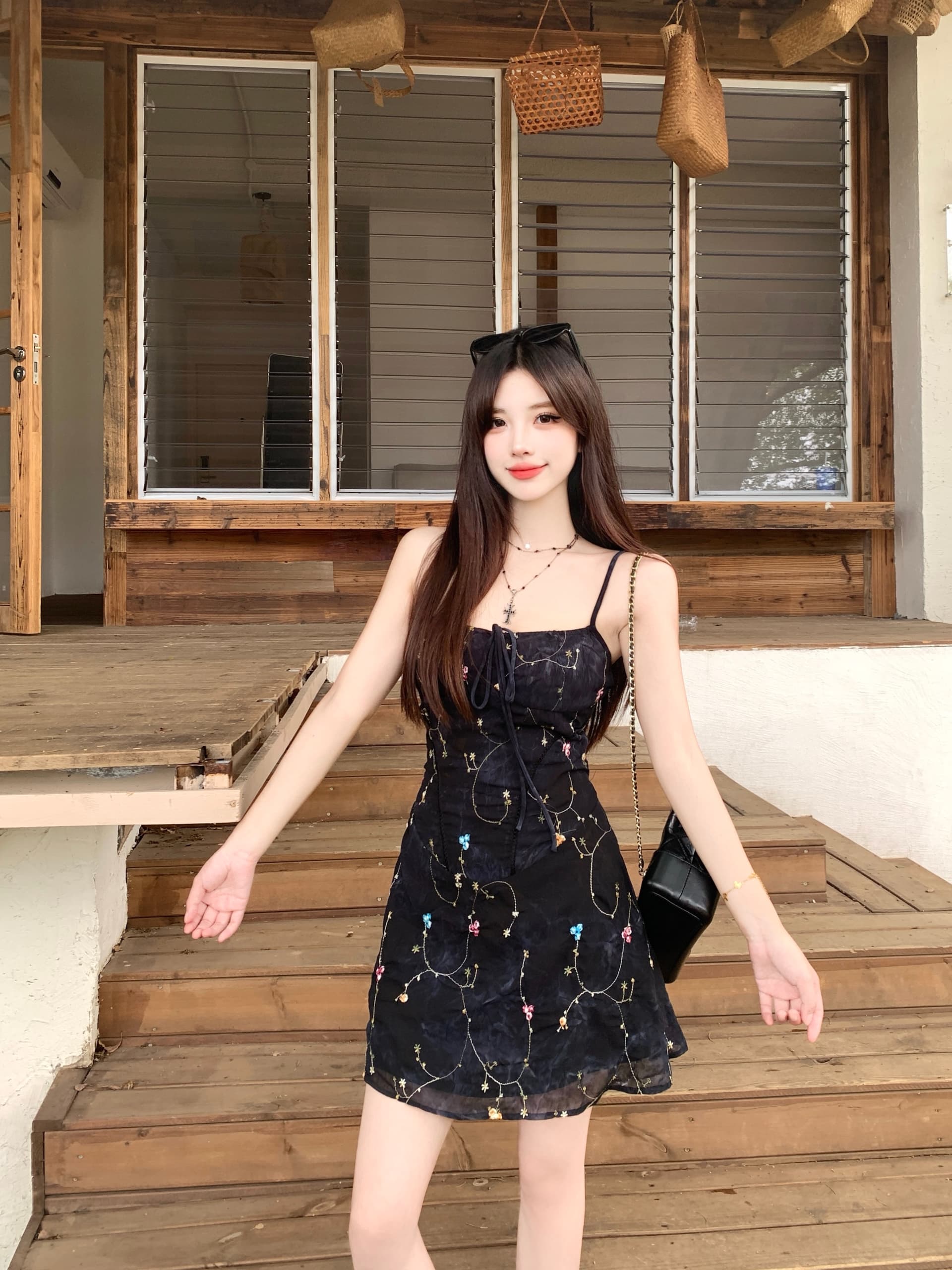 실사 빅 사이즈 여성 의류 지방 mm 뮤즈 정원 아메리칸 장미 자수 쉬폰 허리 수축 슬림해 보이는 섹시함 슬립 드레스 상세 이미지 12