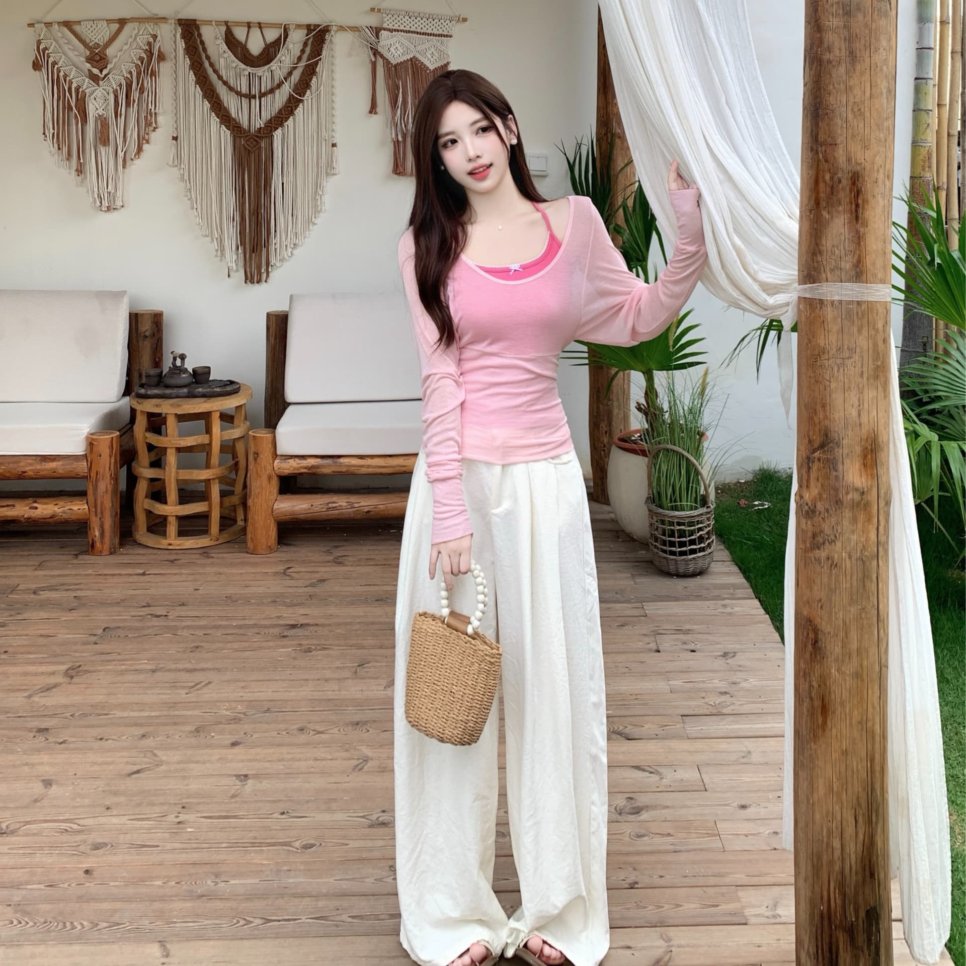 실사 빅 사이즈 여성 지방 mm 여름 달콤함 한 부서 라이 경기 서울 Tulle 마이크로 ~을 통해 블라우스 허리 수축 티셔츠 슬립 세트 이미지 5