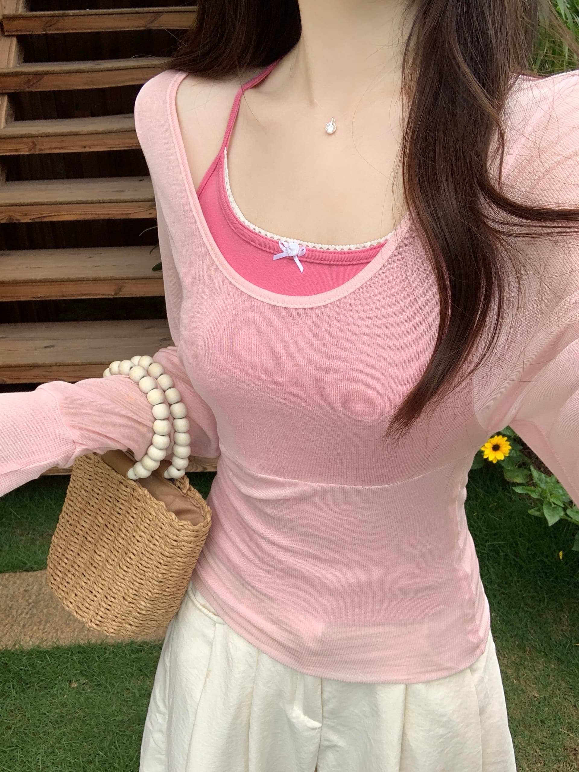 실사 빅 사이즈 여성 지방 mm 여름 달콤함 한 부서 라이 경기 서울 Tulle 마이크로 ~을 통해 블라우스 허리 수축 티셔츠 슬립 세트 상세 이미지 1