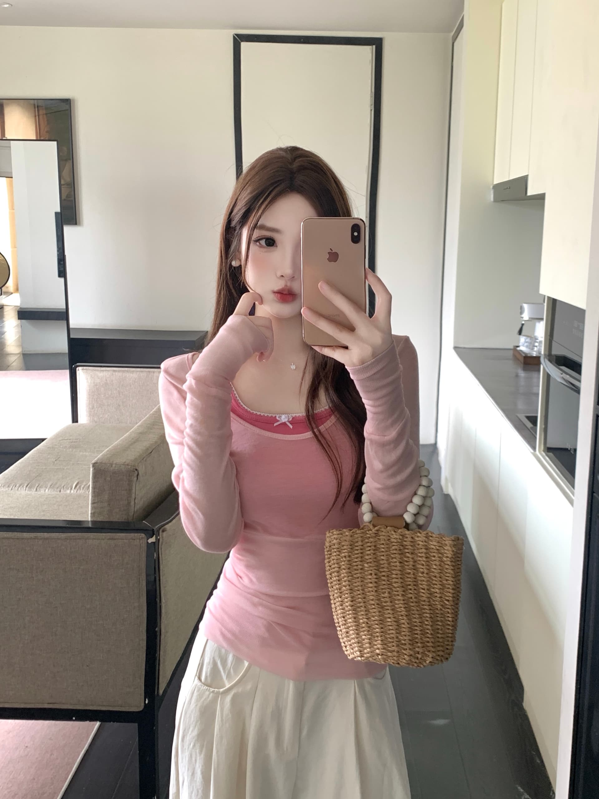 실사 빅 사이즈 여성 지방 mm 여름 달콤함 한 부서 라이 경기 서울 Tulle 마이크로 ~을 통해 블라우스 허리 수축 티셔츠 슬립 세트 상세 이미지 2