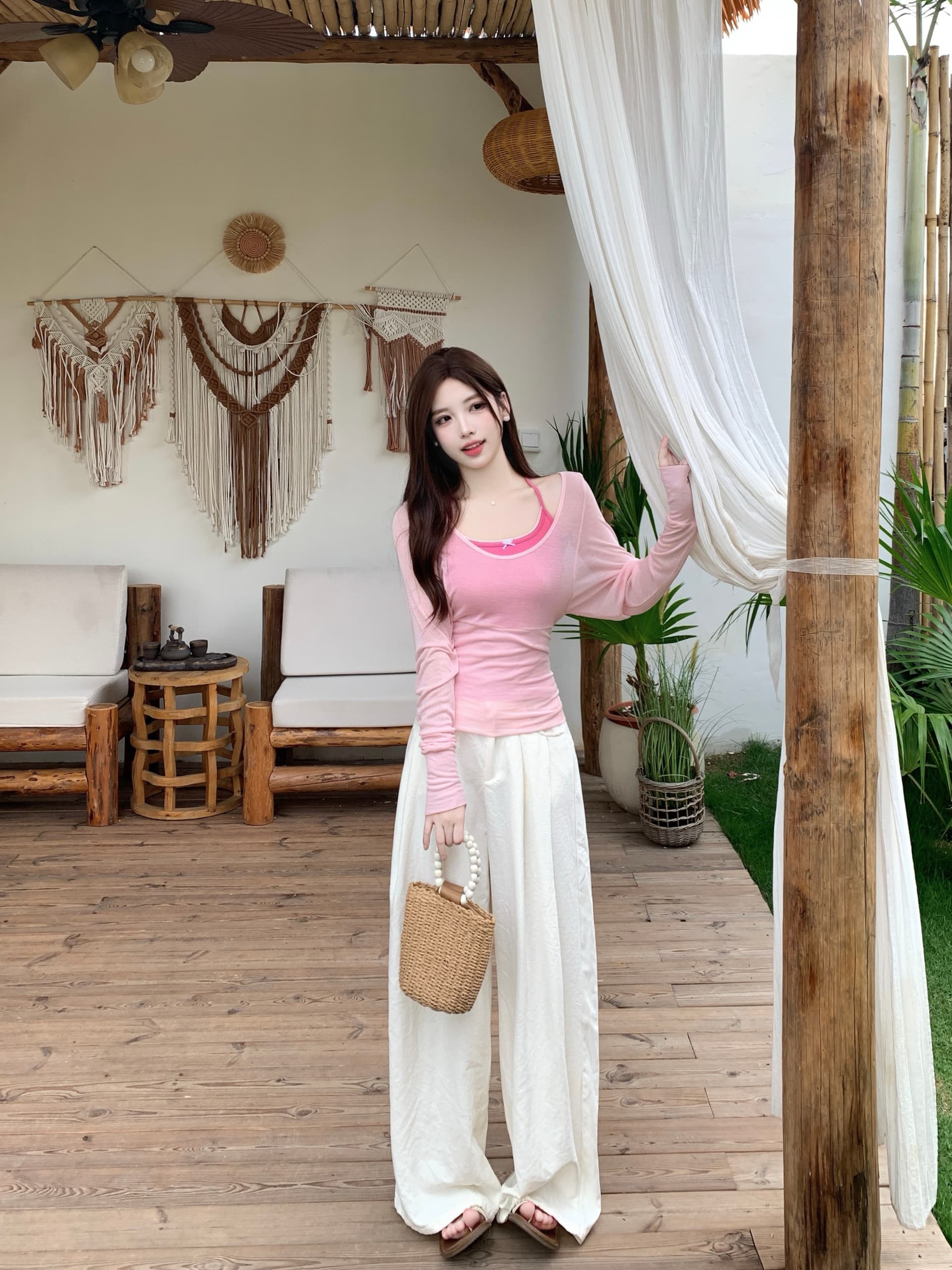 실사 빅 사이즈 여성 지방 mm 여름 달콤함 한 부서 라이 경기 서울 Tulle 마이크로 ~을 통해 블라우스 허리 수축 티셔츠 슬립 세트 상세 이미지 4