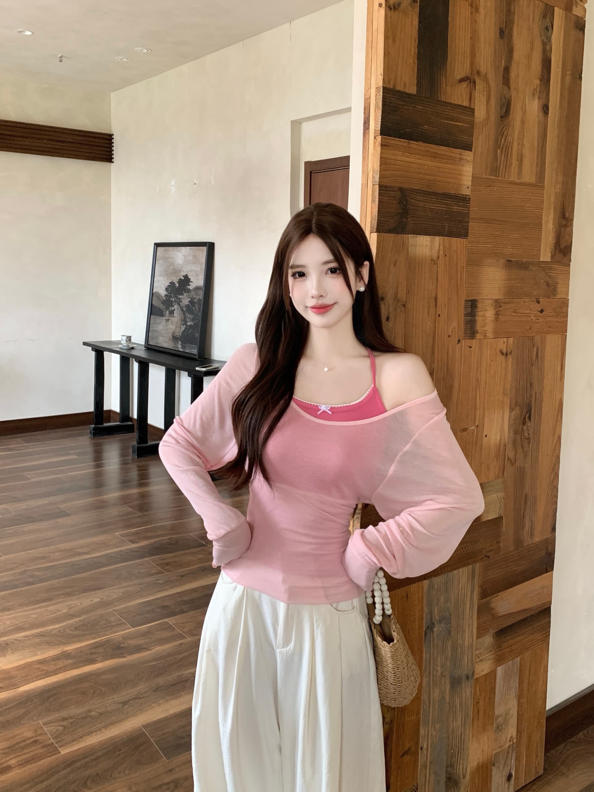 실사 빅 사이즈 여성 지방 mm 여름 달콤함 한 부서 라이 경기 서울 Tulle 마이크로 ~을 통해 블라우스 허리 수축 티셔츠 슬립 세트 상세 이미지 7