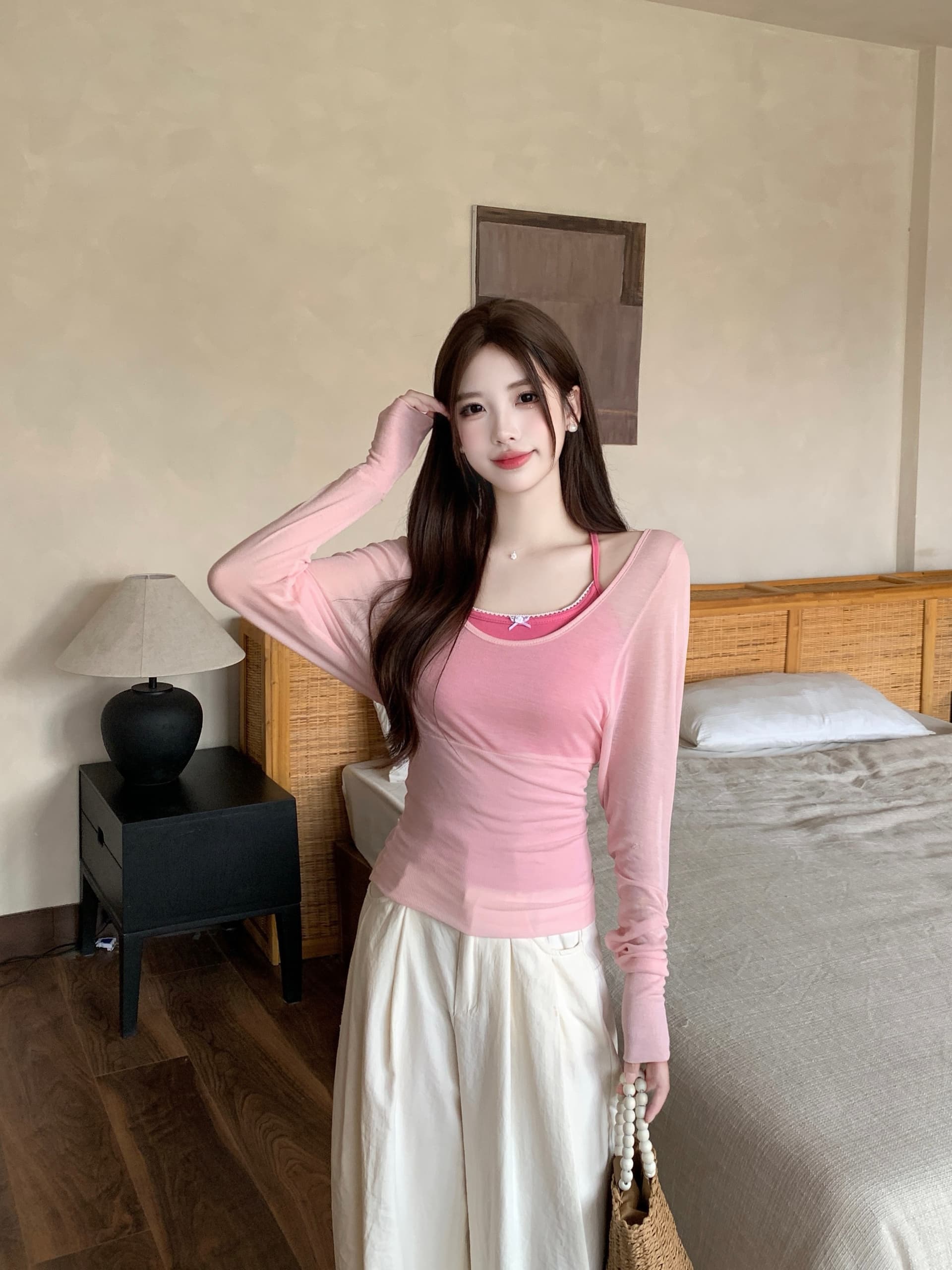 실사 빅 사이즈 여성 지방 mm 여름 달콤함 한 부서 라이 경기 서울 Tulle 마이크로 ~을 통해 블라우스 허리 수축 티셔츠 슬립 세트 상세 이미지 9