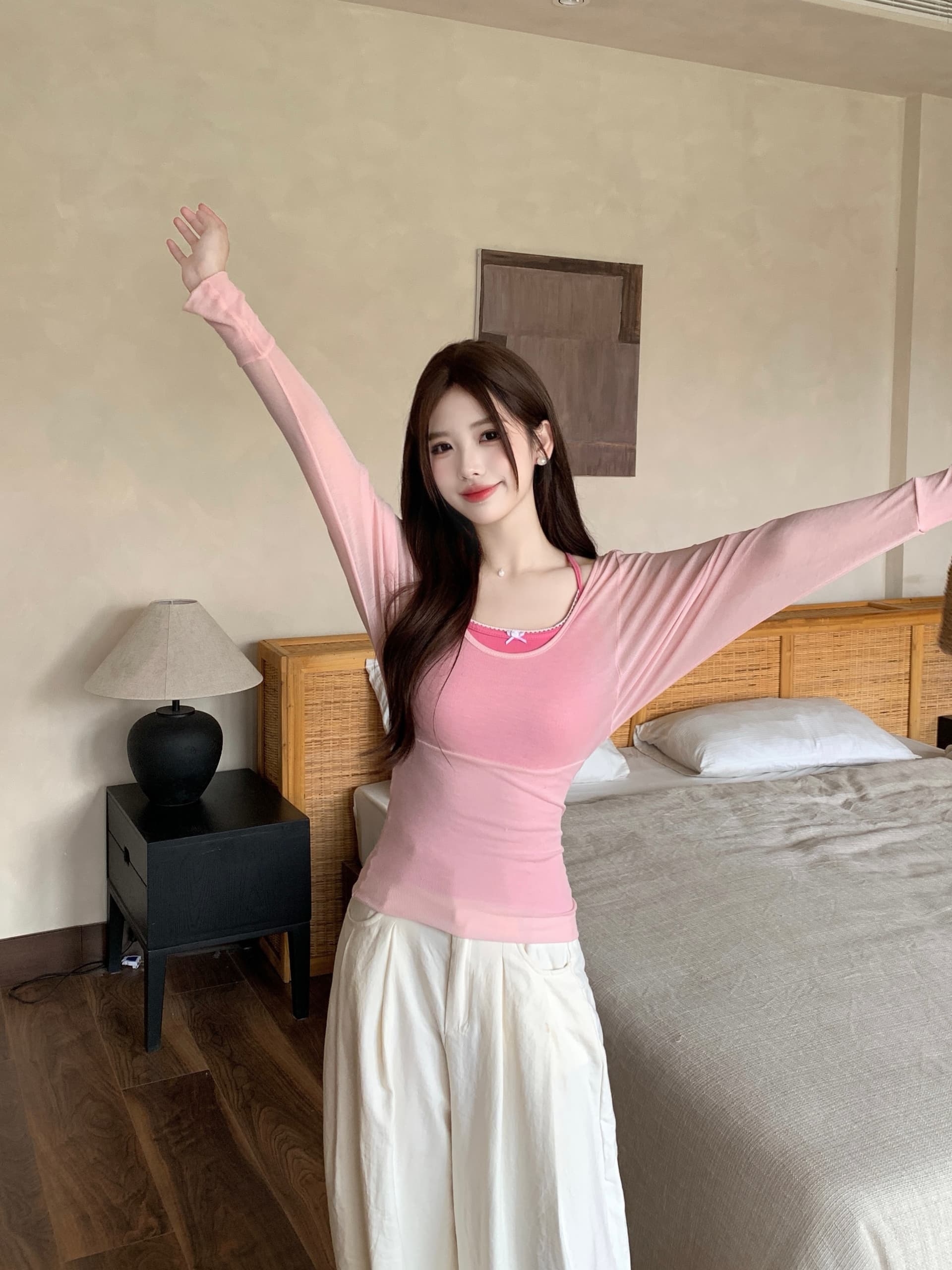 실사 빅 사이즈 여성 지방 mm 여름 달콤함 한 부서 라이 경기 서울 Tulle 마이크로 ~을 통해 블라우스 허리 수축 티셔츠 슬립 세트 상세 이미지 10