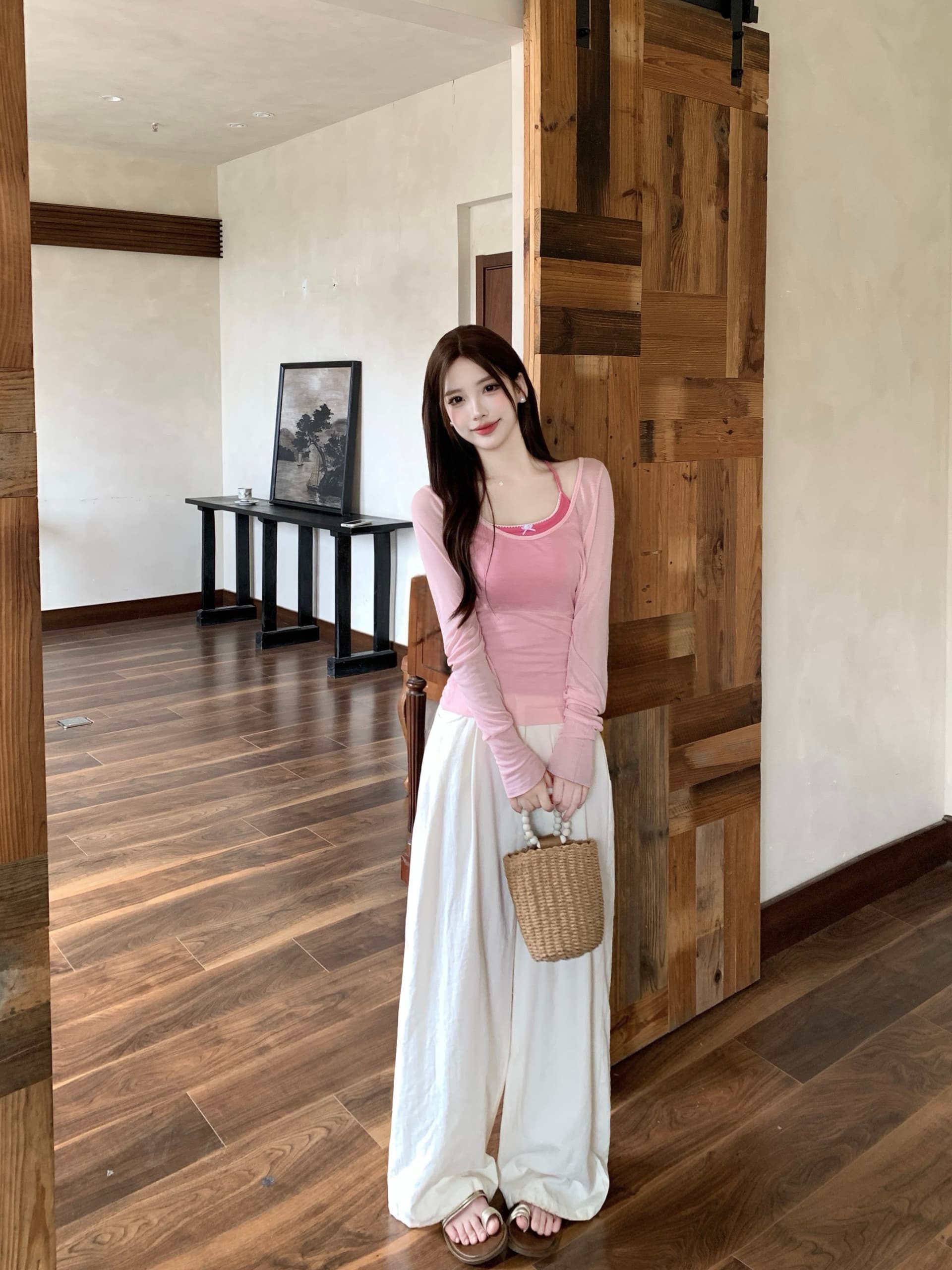 실사 빅 사이즈 여성 지방 mm 여름 달콤함 한 부서 라이 경기 서울 Tulle 마이크로 ~을 통해 블라우스 허리 수축 티셔츠 슬립 세트 상세 이미지 11