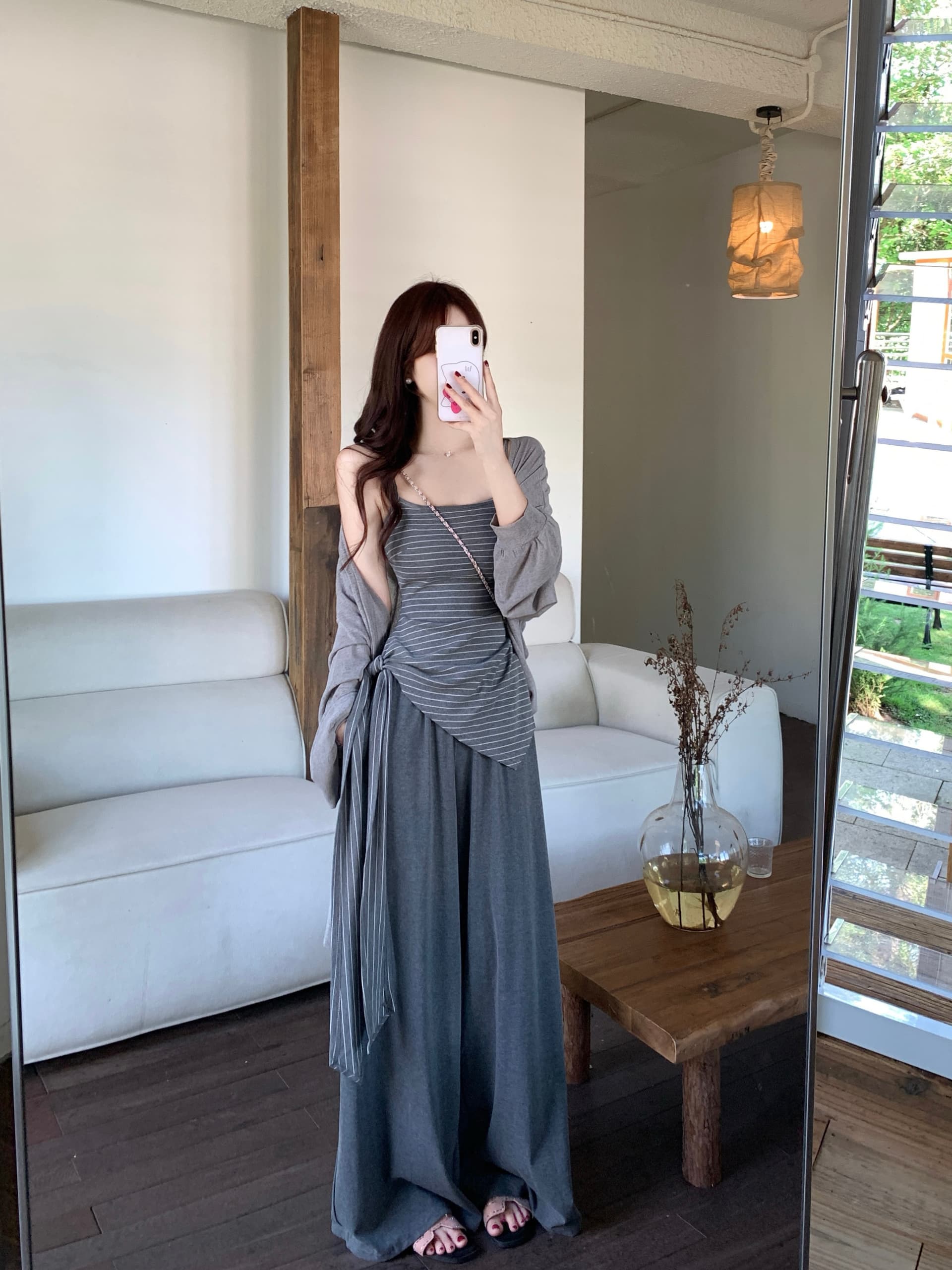 실사 빅 사이즈 여성 의류 지방 mm 느긋한 바람이 아닙니다. 규칙 스트라이프 슬립 니트 재킷 와이드 레그 팬츠 3종 세트 상세 이미지 2