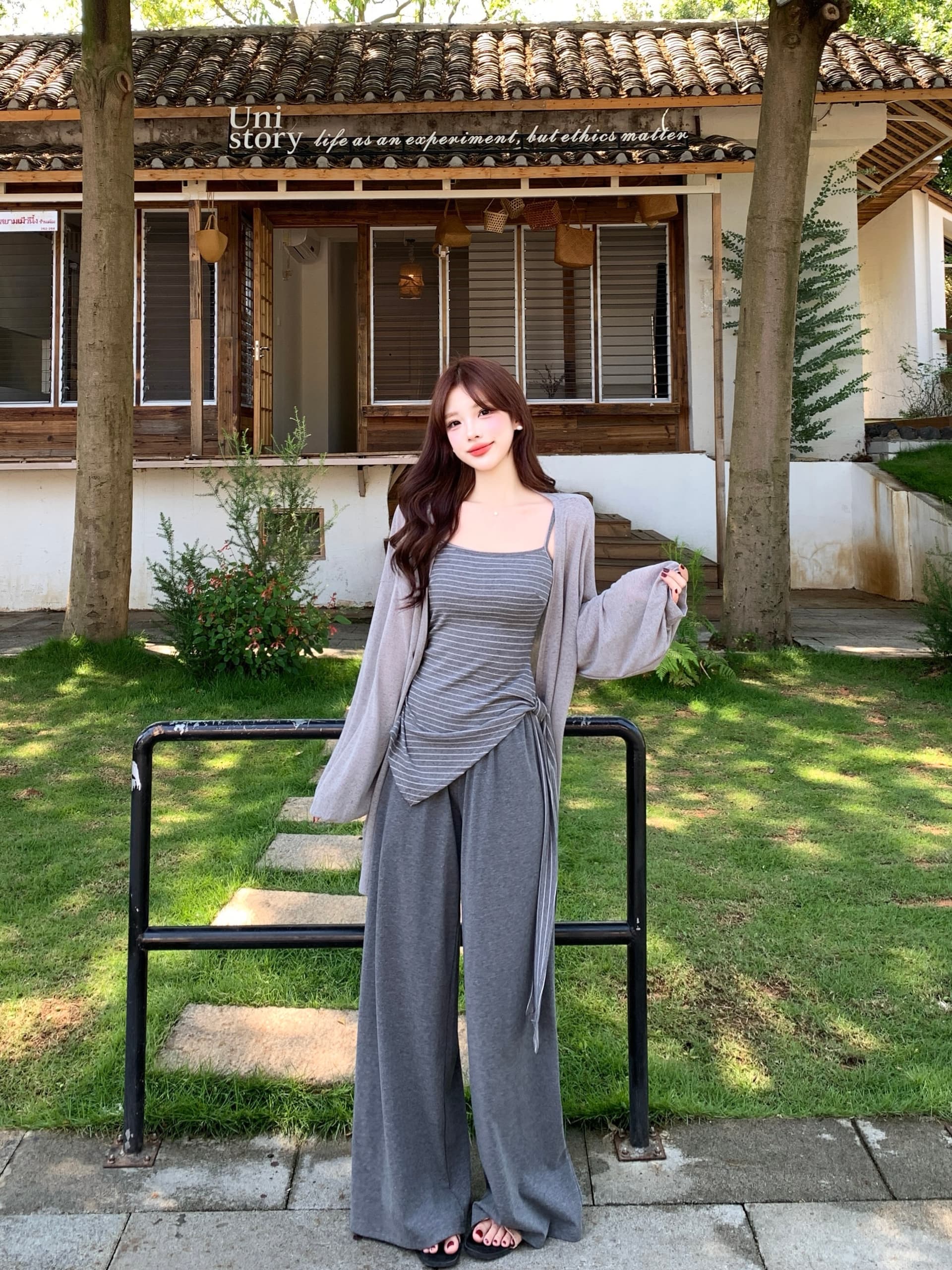 실사 빅 사이즈 여성 의류 지방 mm 느긋한 바람이 아닙니다. 규칙 스트라이프 슬립 니트 재킷 와이드 레그 팬츠 3종 세트 상세 이미지 4