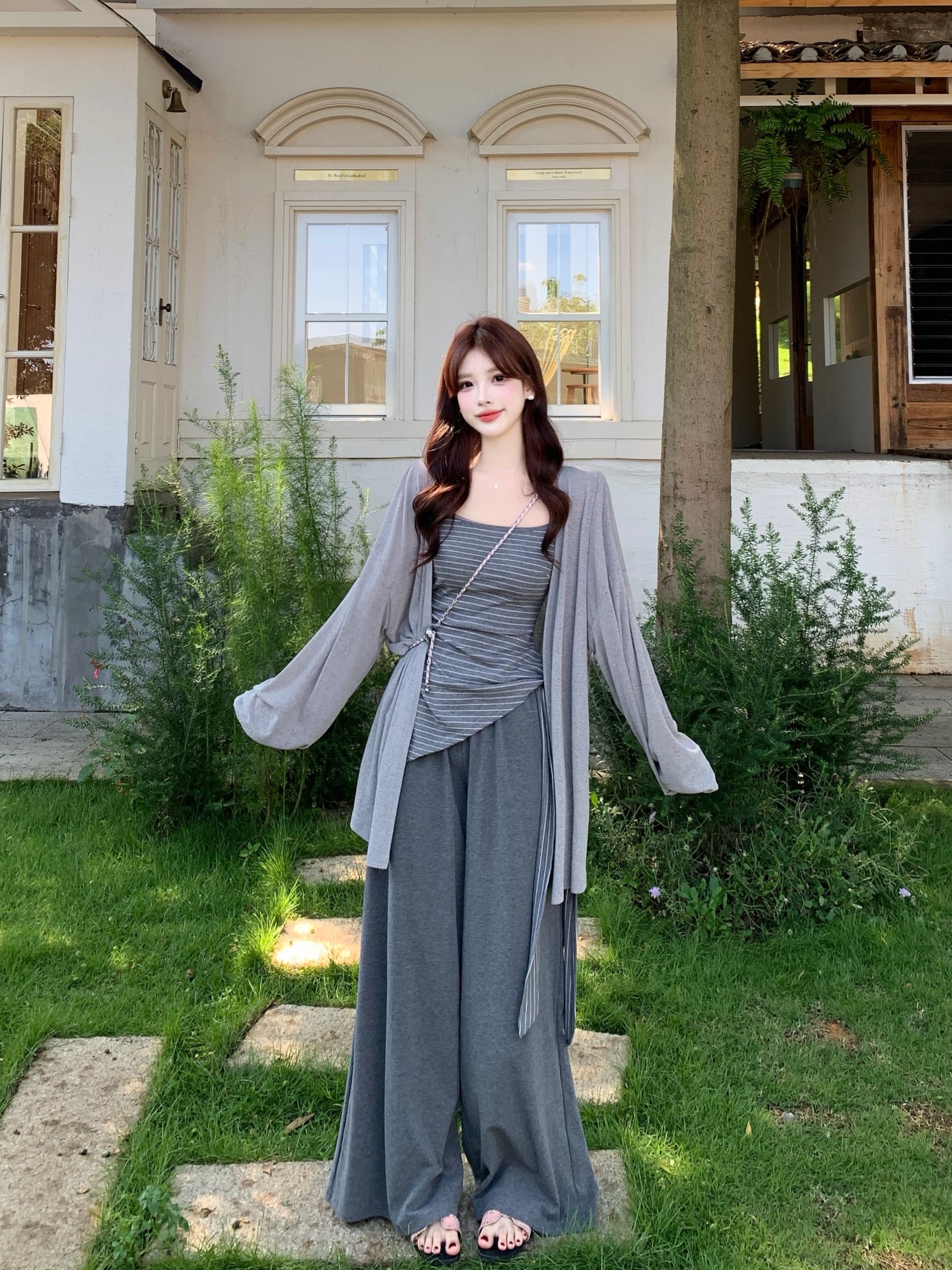 실사 빅 사이즈 여성 의류 지방 mm 느긋한 바람이 아닙니다. 규칙 스트라이프 슬립 니트 재킷 와이드 레그 팬츠 3종 세트 상세 이미지 5