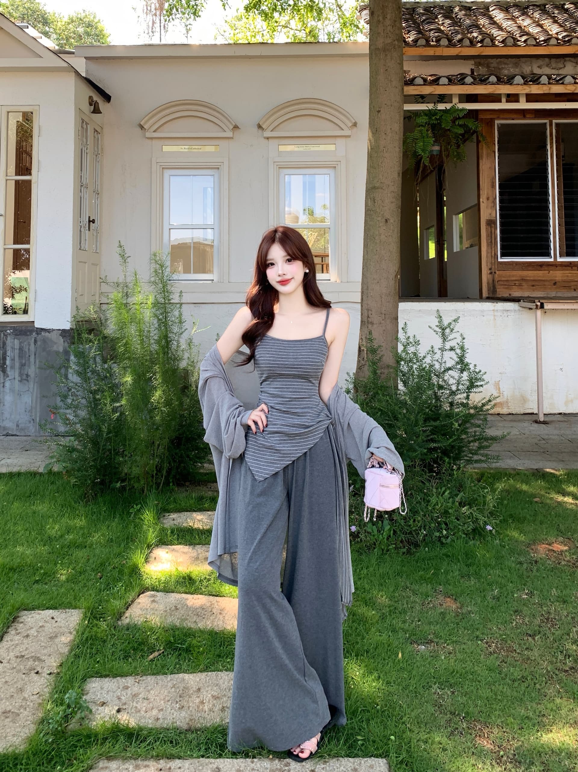 실사 빅 사이즈 여성 의류 지방 mm 느긋한 바람이 아닙니다. 규칙 스트라이프 슬립 니트 재킷 와이드 레그 팬츠 3종 세트 상세 이미지 8