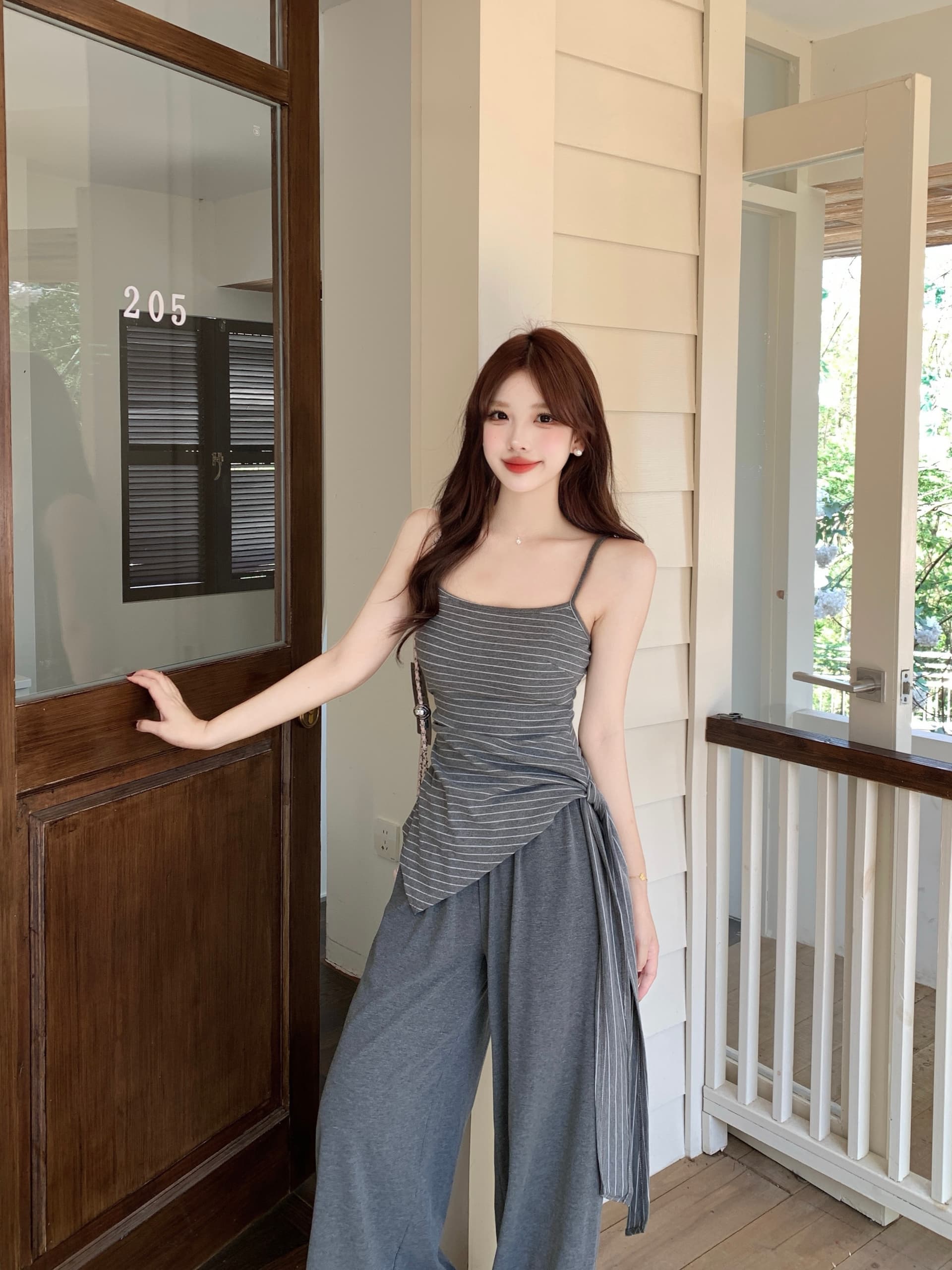 실사 빅 사이즈 여성 의류 지방 mm 느긋한 바람이 아닙니다. 규칙 스트라이프 슬립 니트 재킷 와이드 레그 팬츠 3종 세트 상세 이미지 11