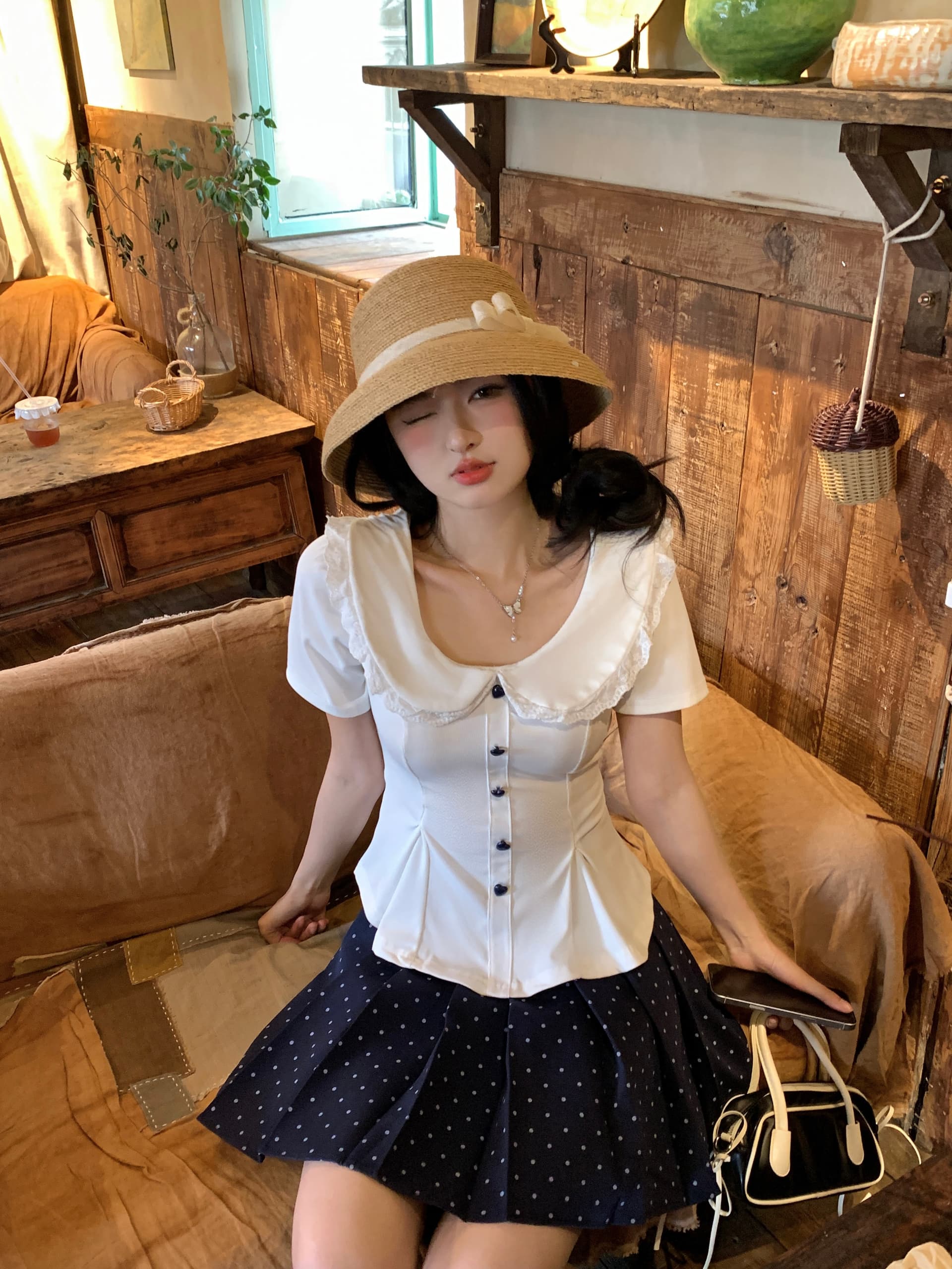 실사 빅 사이즈 지방 mm 학원 스타일 베이비 칼라 프릴 반팔 맨위 도트 무늬 반신 스커트 슬림해 보이는 세트 이미지 3