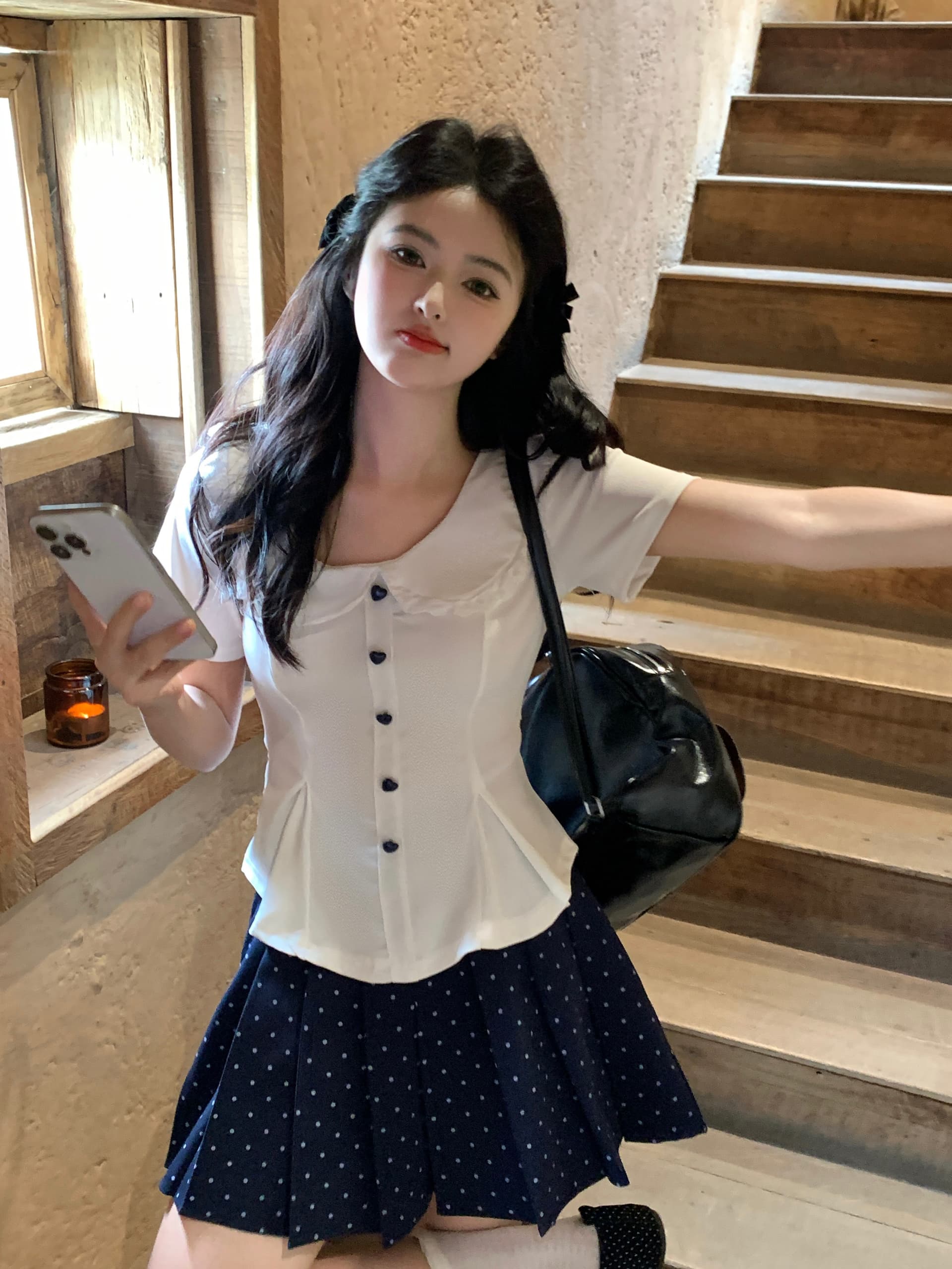실사 빅 사이즈 지방 mm 학원 스타일 베이비 칼라 프릴 반팔 맨위 도트 무늬 반신 스커트 슬림해 보이는 세트 이미지 2