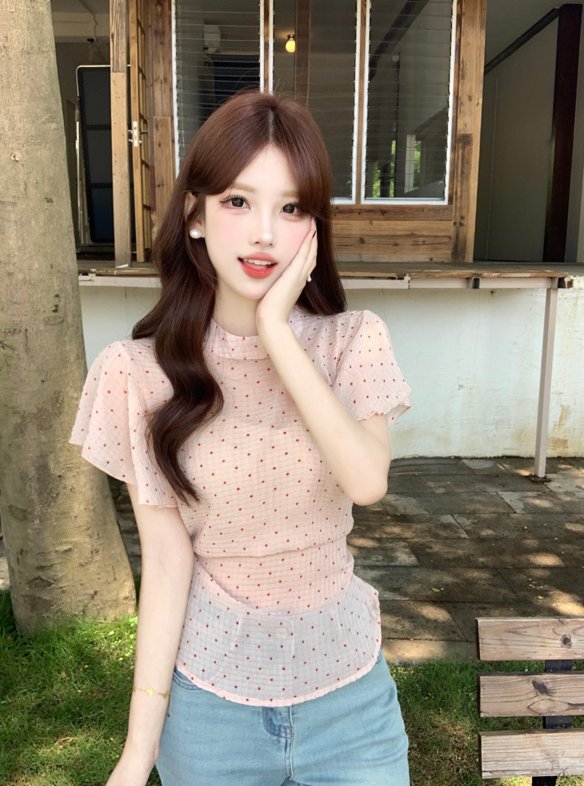 실사 빅 사이즈 여성 의류 지방 mm 달콤함 도트 무늬 반팔 2026 여름 디자인 센스 허리 수축 슬림해 보이는 Chic 셔츠 상세 이미지 13
