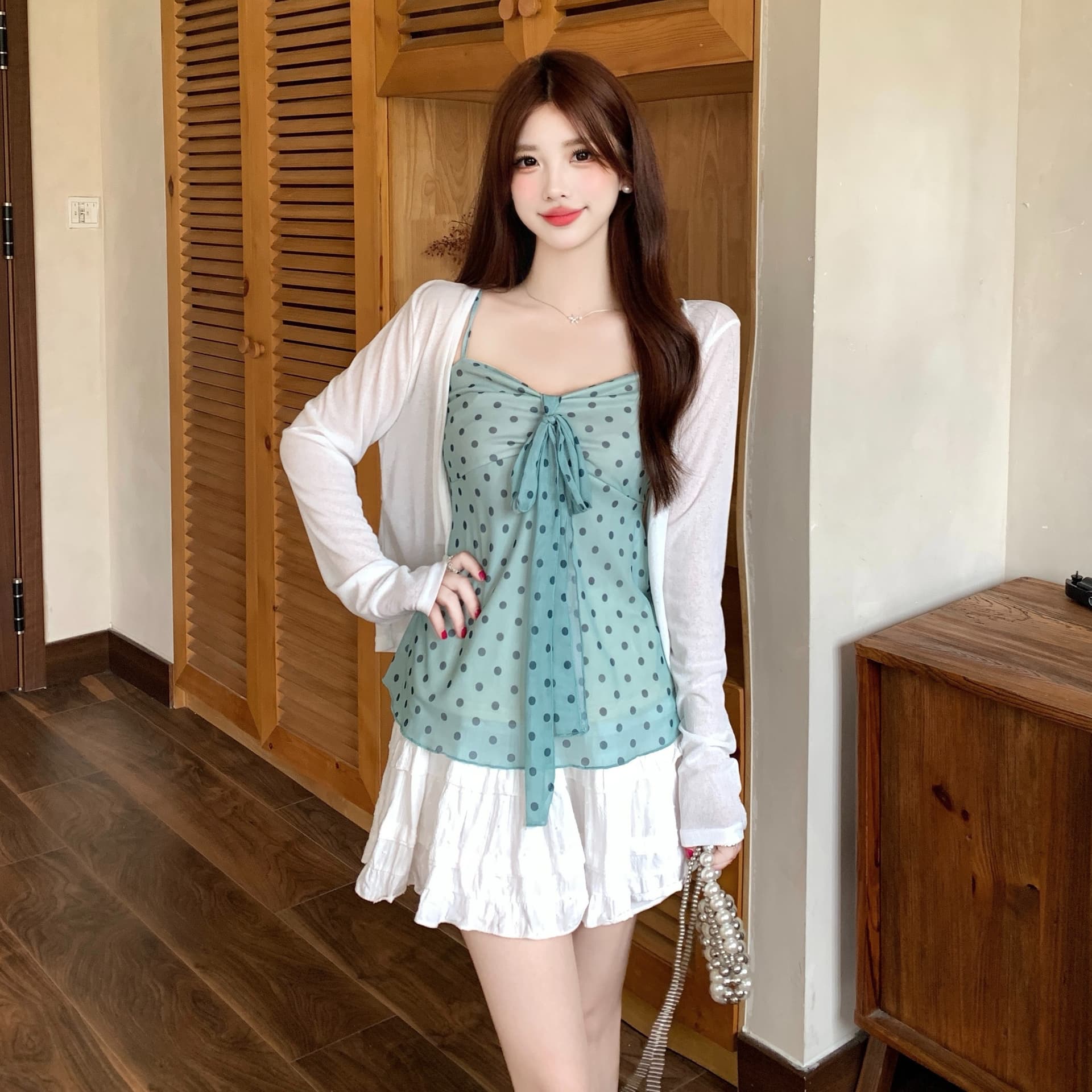 실사 빅 사이즈 여성 의류 지방 mm 순수한 욕망 박하 녹색 도트 무늬 슬립 허리 수축 슬림해 보이는 맨위 오픈 가디건 세트 이미지 5