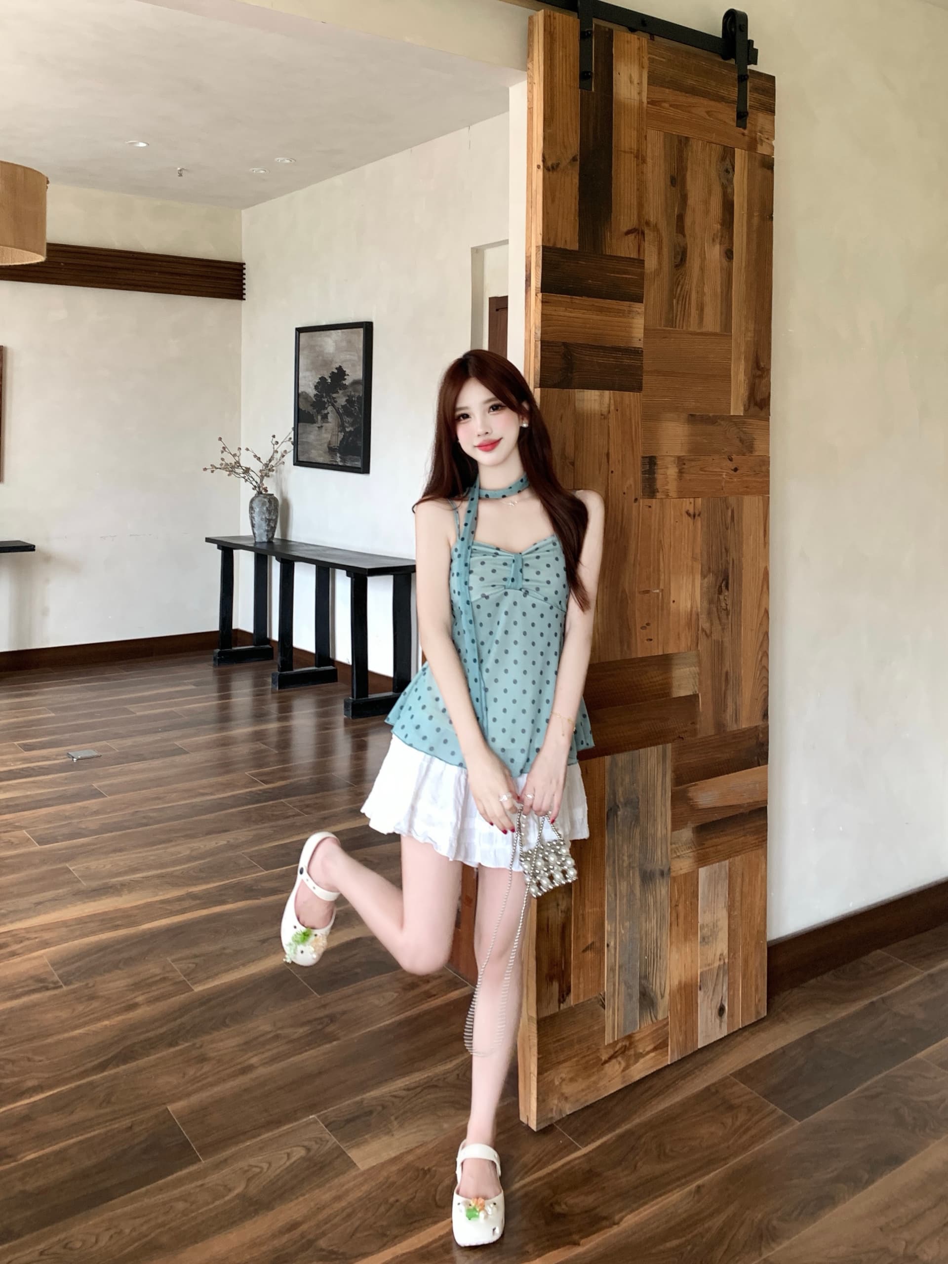 실사 빅 사이즈 여성 의류 지방 mm 순수한 욕망 박하 녹색 도트 무늬 슬립 허리 수축 슬림해 보이는 맨위 오픈 가디건 세트 상세 이미지 2