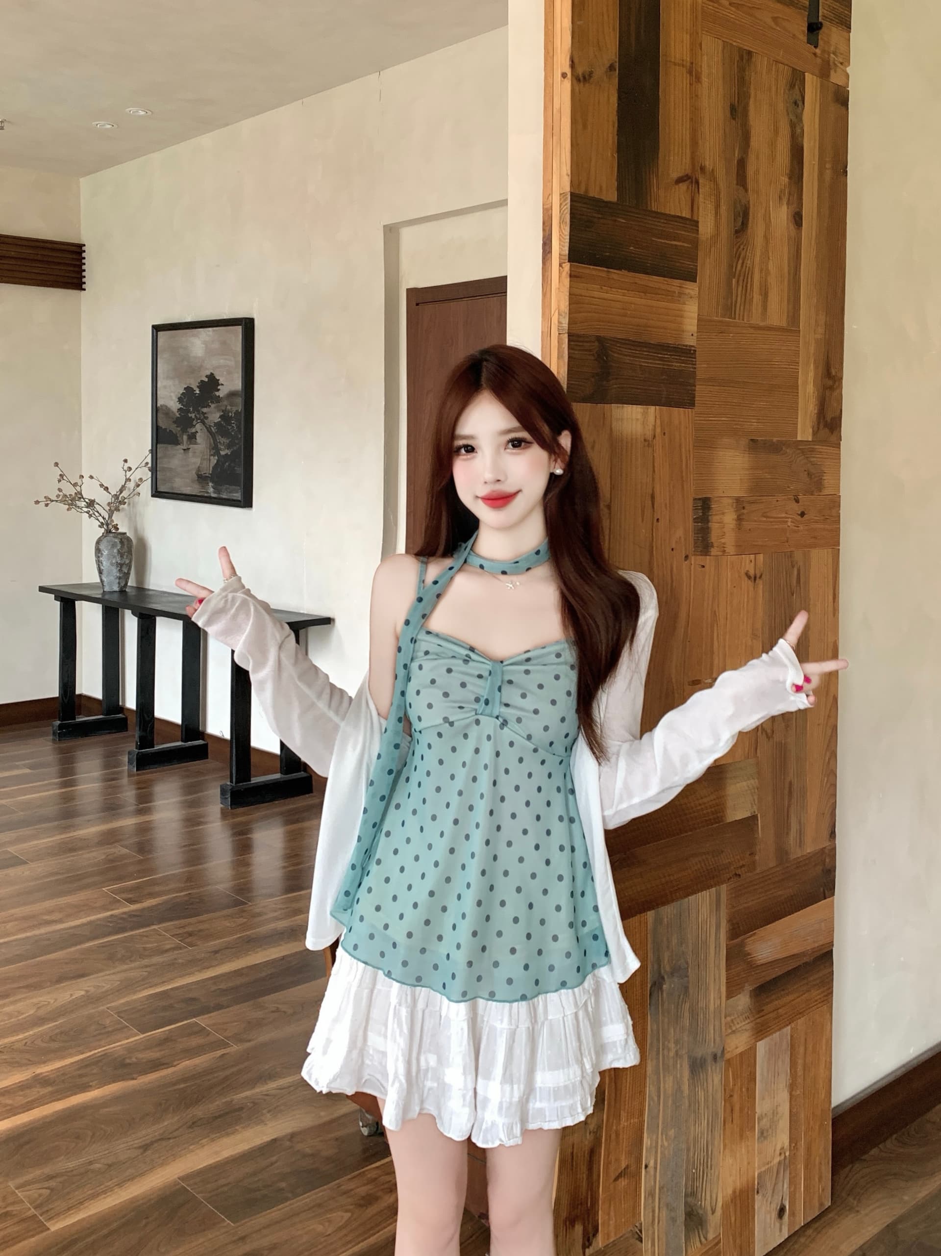 실사 빅 사이즈 여성 의류 지방 mm 순수한 욕망 박하 녹색 도트 무늬 슬립 허리 수축 슬림해 보이는 맨위 오픈 가디건 세트 상세 이미지 5