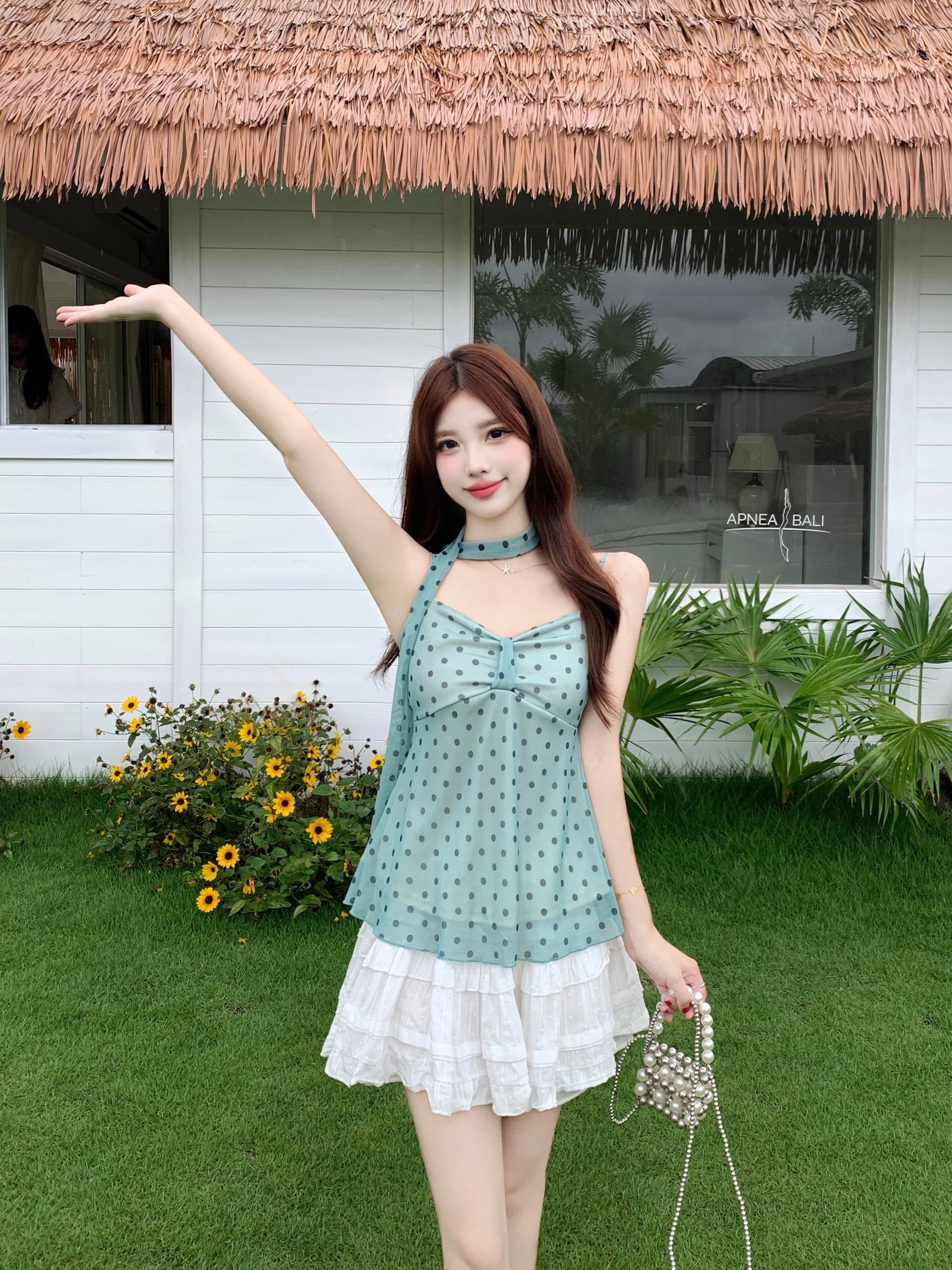 실사 빅 사이즈 여성 의류 지방 mm 순수한 욕망 박하 녹색 도트 무늬 슬립 허리 수축 슬림해 보이는 맨위 오픈 가디건 세트 상세 이미지 7