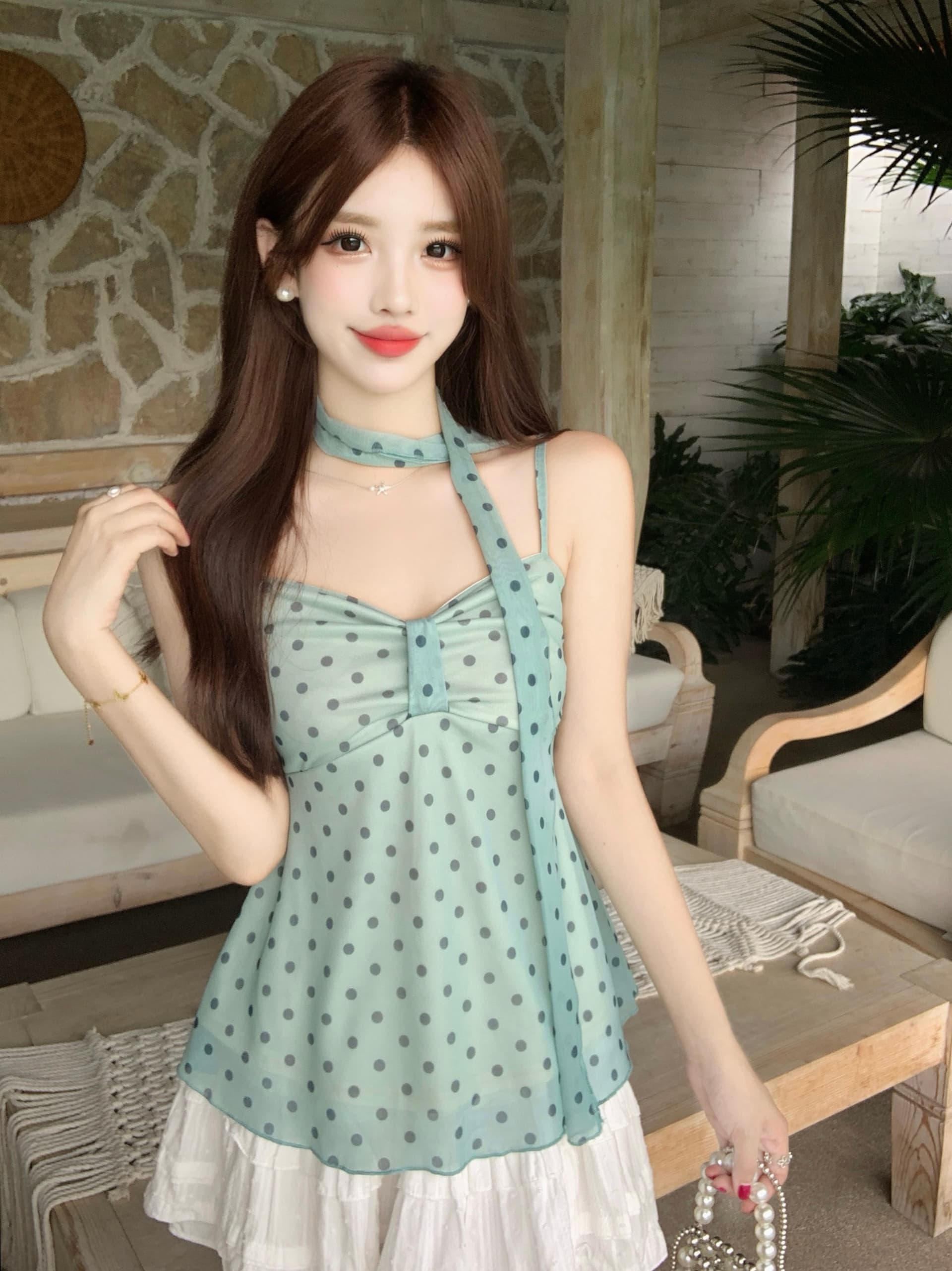 실사 빅 사이즈 여성 의류 지방 mm 순수한 욕망 박하 녹색 도트 무늬 슬립 허리 수축 슬림해 보이는 맨위 오픈 가디건 세트 상세 이미지 13