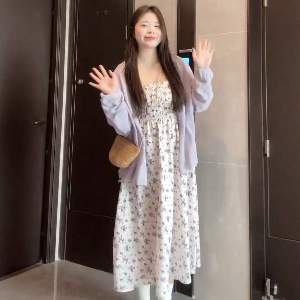 빅 사이즈 신선함 꽃무늬 슬립 드레스 여름 지방 mm 표지 고기 슬림해 보이는 달콤함 자외선 차단 오픈 가디건 치마 세트 이미지 2