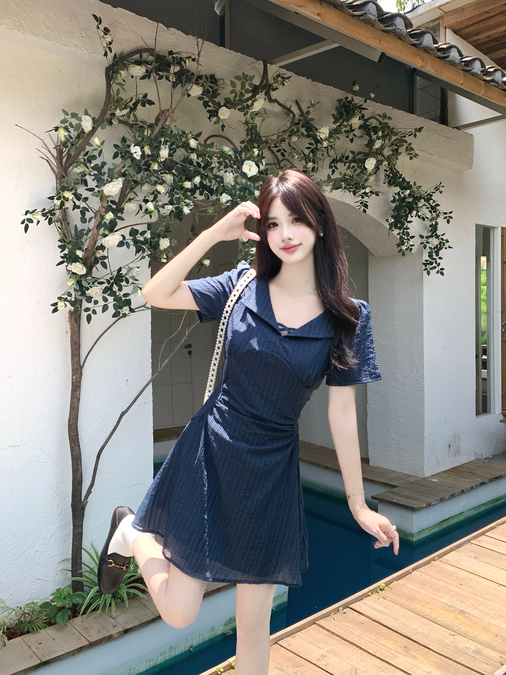 실사 빅 사이즈 여성 의류 지방 mm 레트로 핫걸 해군 주름 허리 수축 슬림해 보이는 스트라이프 한 마디 드레스 상세 이미지 7