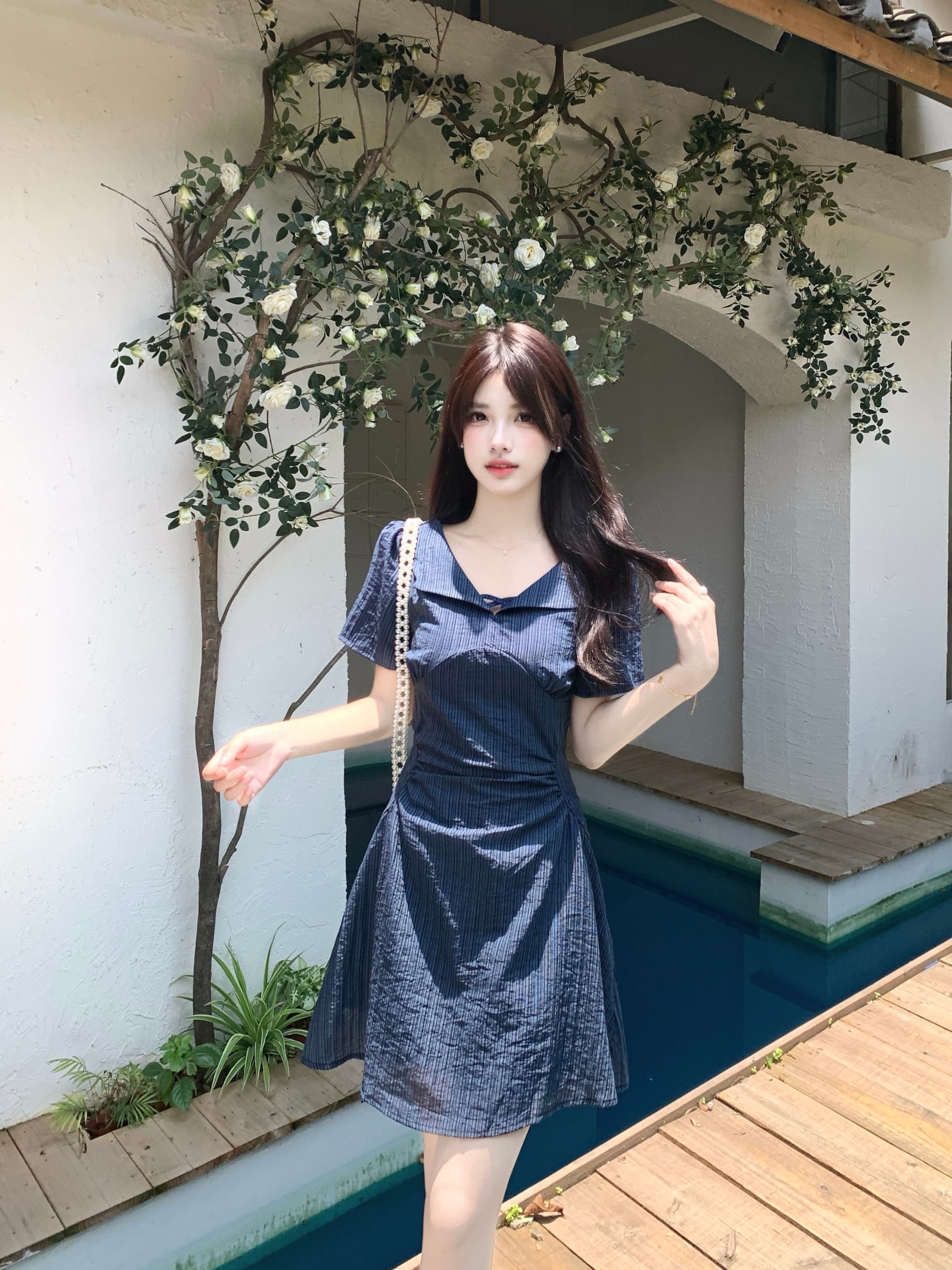 실사 빅 사이즈 여성 의류 지방 mm 레트로 핫걸 해군 주름 허리 수축 슬림해 보이는 스트라이프 한 마디 드레스 상세 이미지 8