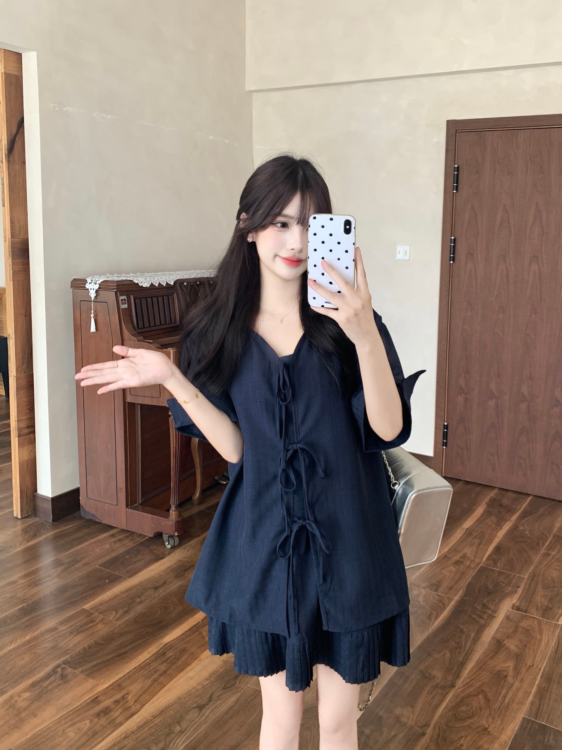 실사 빅 사이즈 여성 의류 지방 mm 한국 스타일 V넥 스트랩 셔츠 반 스커트 루즈핏 프랑스식 느긋한 세트 이미지 2