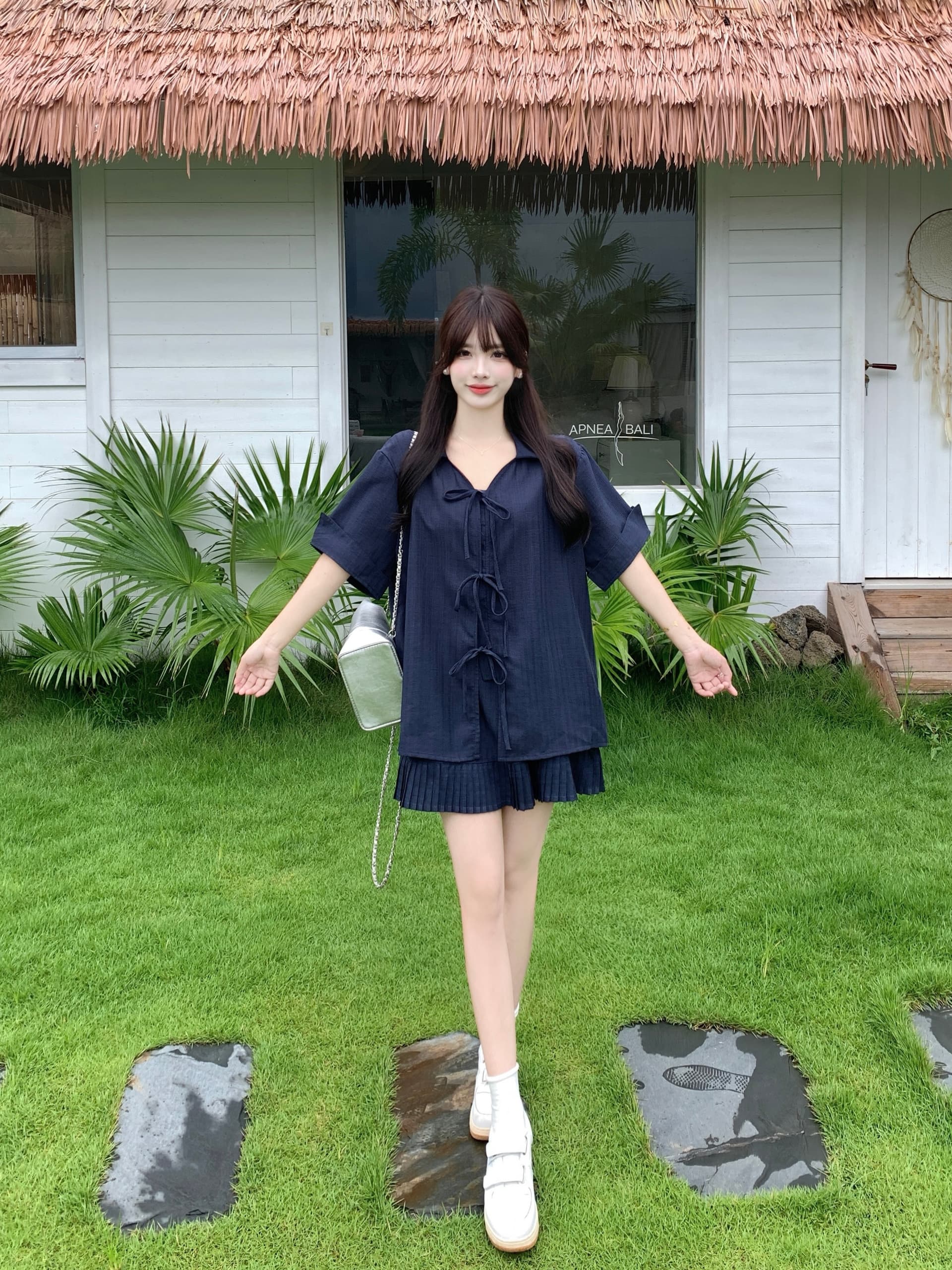 실사 빅 사이즈 여성 의류 지방 mm 한국 스타일 V넥 스트랩 셔츠 반 스커트 루즈핏 프랑스식 느긋한 세트 이미지 4