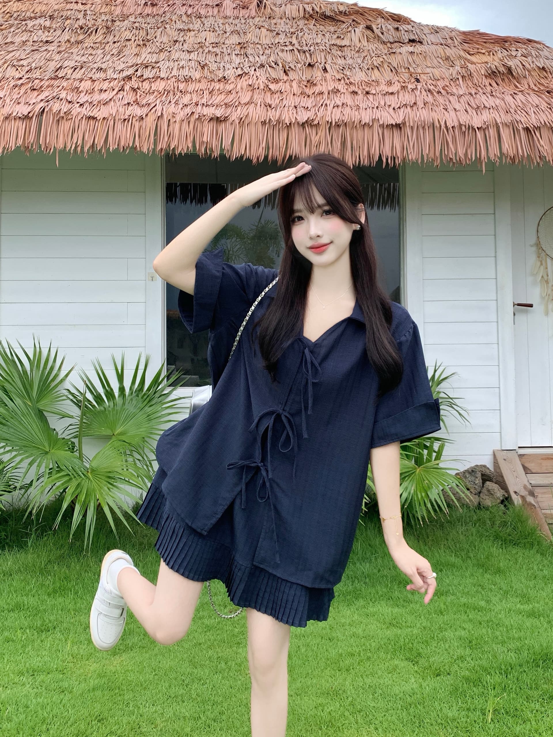 실사 빅 사이즈 여성 의류 지방 mm 한국 스타일 V넥 스트랩 셔츠 반 스커트 루즈핏 프랑스식 느긋한 세트 이미지 3