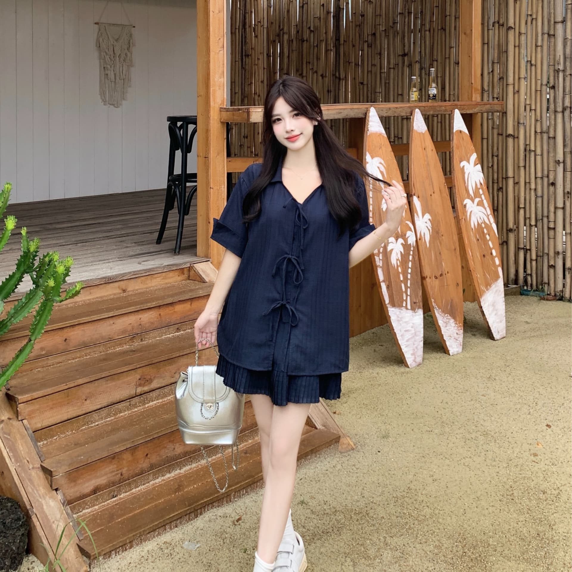 실사 빅 사이즈 여성 의류 지방 mm 한국 스타일 V넥 스트랩 셔츠 반 스커트 루즈핏 프랑스식 느긋한 세트 이미지 5