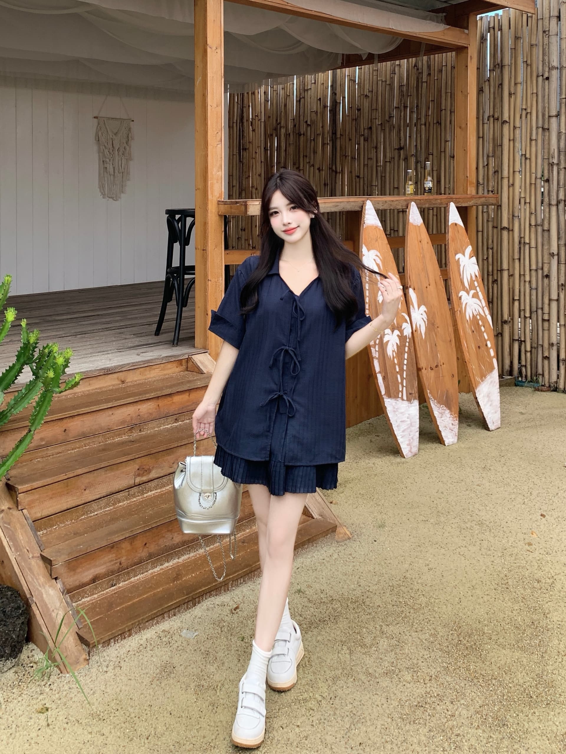 실사 빅 사이즈 여성 의류 지방 mm 한국 스타일 V넥 스트랩 셔츠 반 스커트 루즈핏 프랑스식 느긋한 세트 상세 이미지 5
