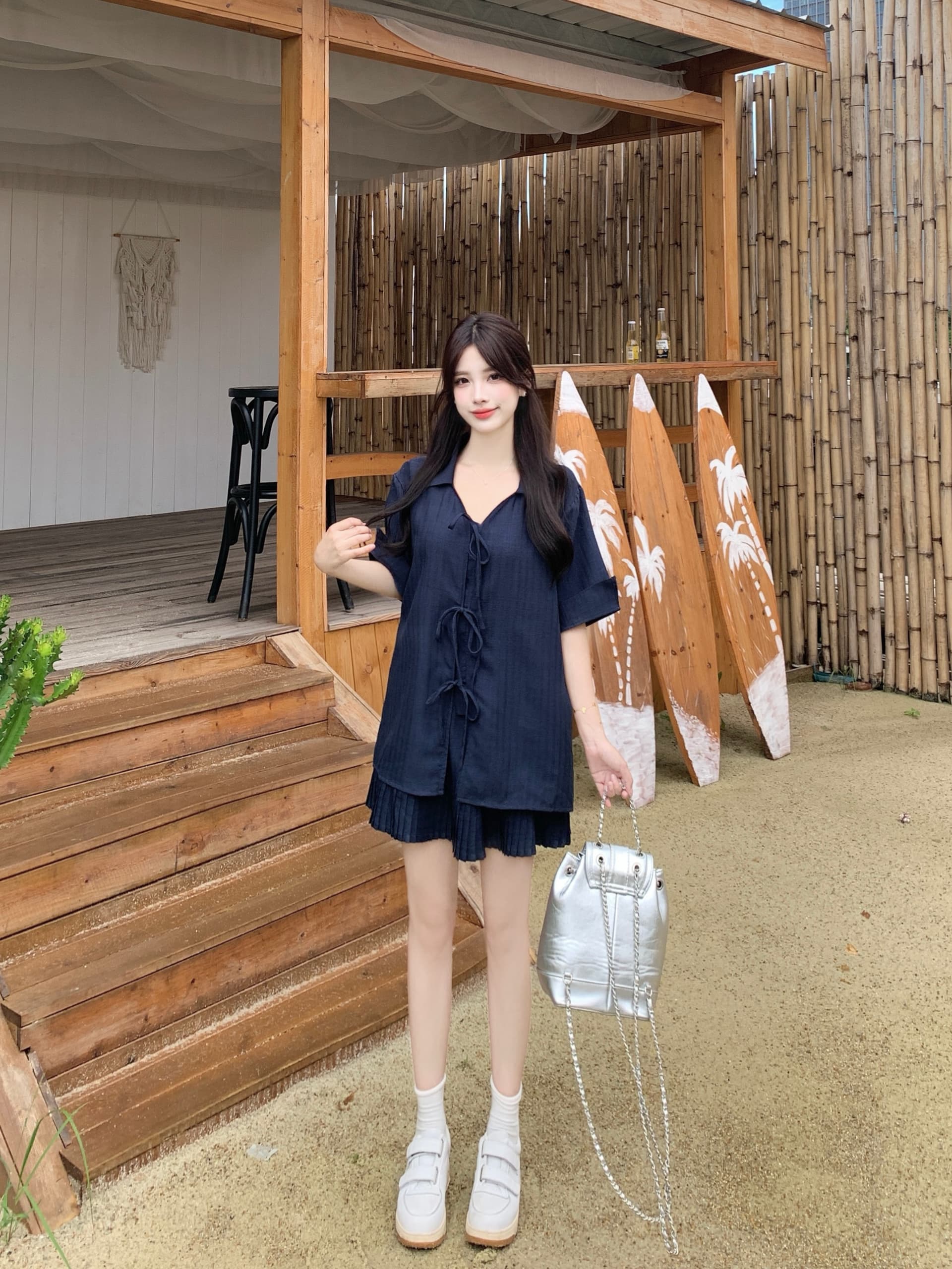 실사 빅 사이즈 여성 의류 지방 mm 한국 스타일 V넥 스트랩 셔츠 반 스커트 루즈핏 프랑스식 느긋한 세트 상세 이미지 6