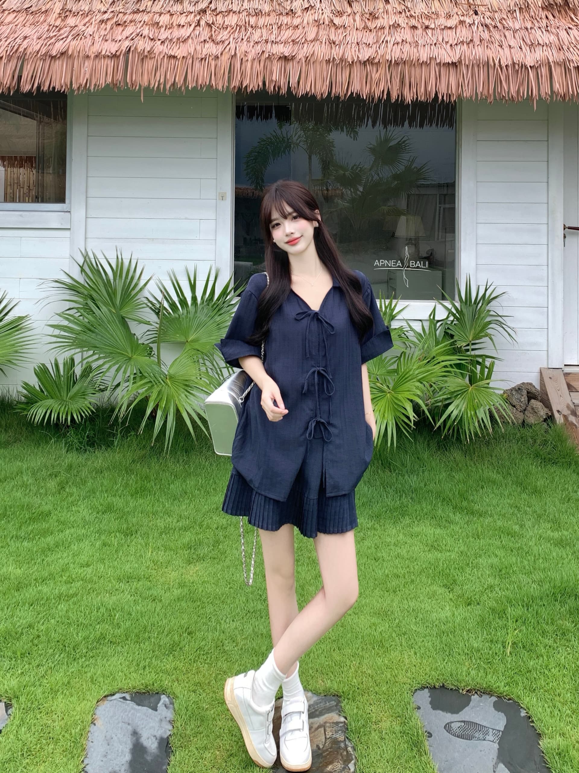 실사 빅 사이즈 여성 의류 지방 mm 한국 스타일 V넥 스트랩 셔츠 반 스커트 루즈핏 프랑스식 느긋한 세트 상세 이미지 8