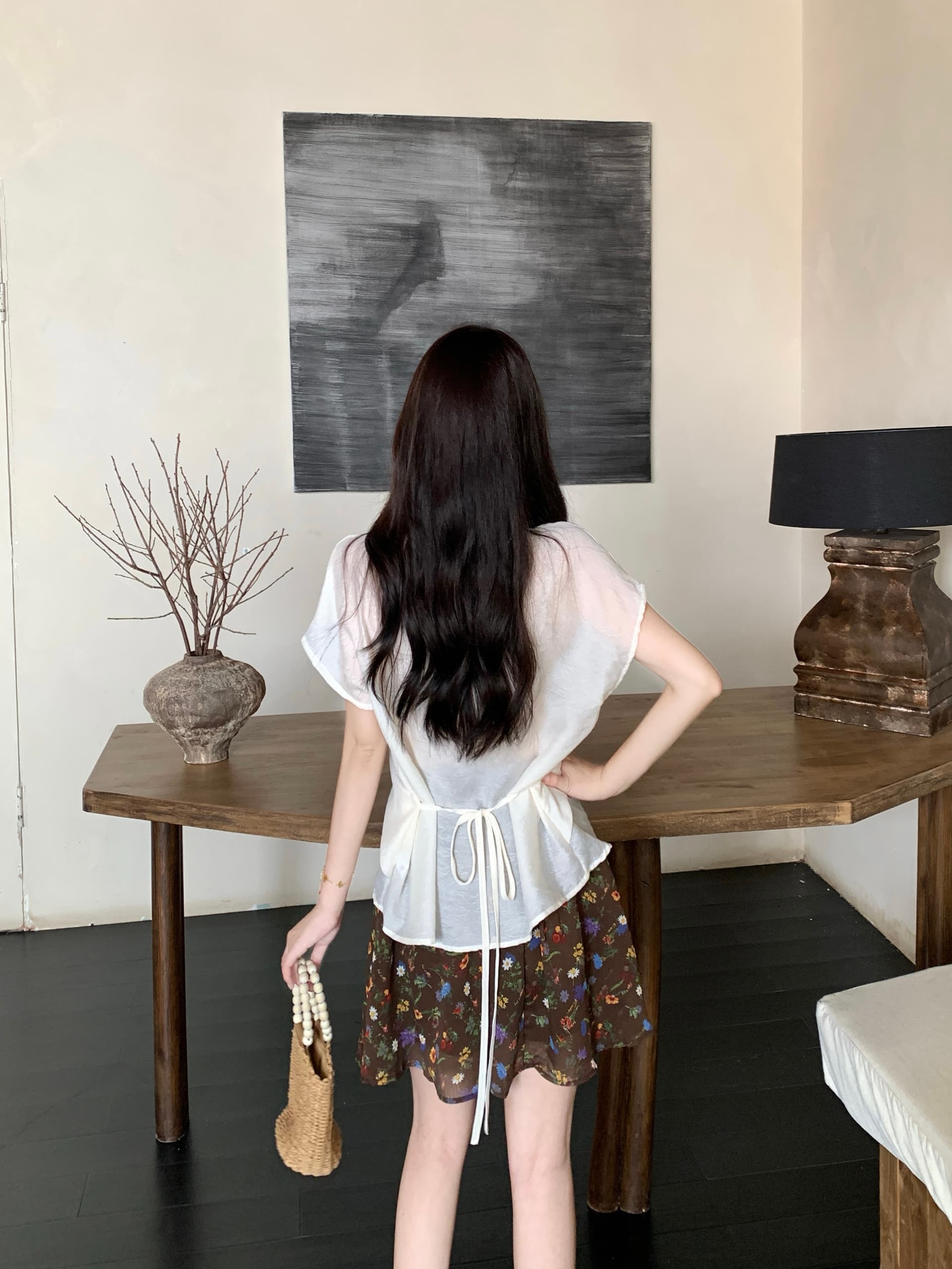 실사 빅 사이즈 여성 의류 지방 mm 프랑스식 바람 비틀림 V넥 허리 수축 슬림해 보이는 맨위 꽃무늬 미니 스커트 세트 상세 이미지 9