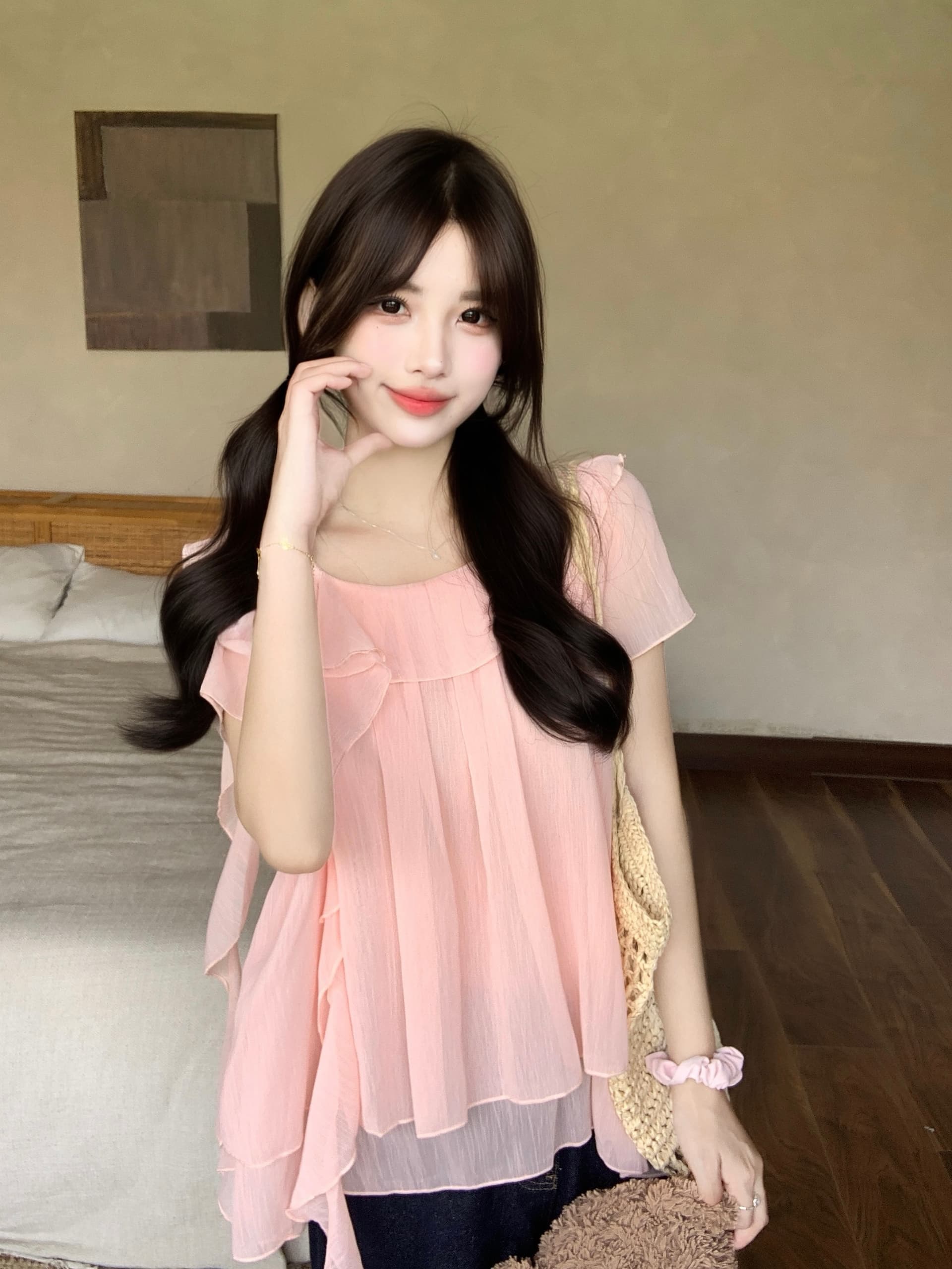 실사 빅 사이즈 여성 의류 지방 mm 리본 대 라운드 넥 여성 셔츠 여름 부드러운 한 첨부 된 의류 루즈핏 반팔 상세 이미지 9