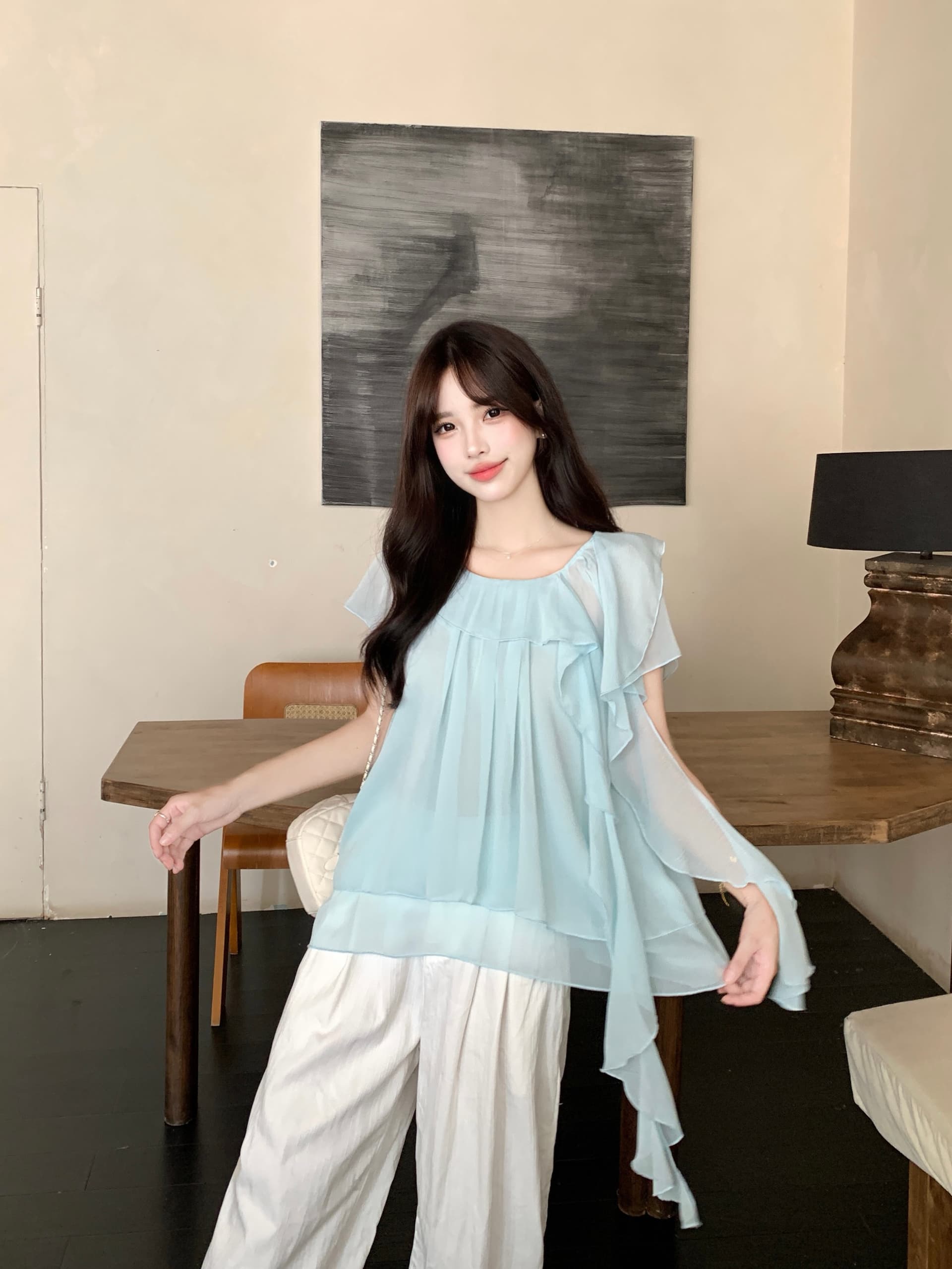 실사 빅 사이즈 여성 의류 지방 mm 리본 대 라운드 넥 여성 셔츠 여름 부드러운 한 첨부 된 의류 루즈핏 반팔 상세 이미지 16