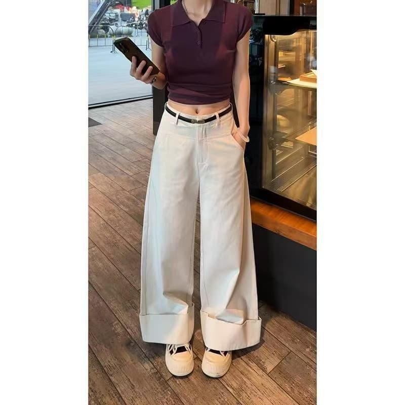 아메리칸 워시 물 면 캐주얼 바지 여성 2026 봄 여름 새로운 미니멀리즘 다용도 디자인 센스 볼륨 측면 와이드 레그 팬츠 정장 바지 상세 이미지 5