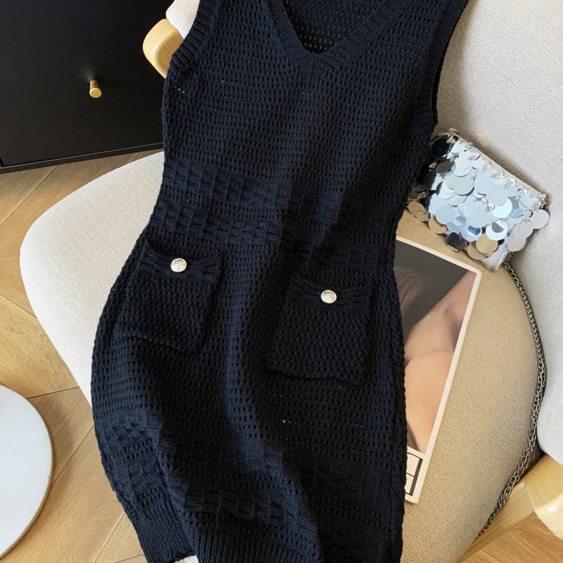 실사 대 물품 2026 여름 새로운 작은 샤넬 스타일 V넥 민소매 조끼 스커트 홀로우 아웃 미니 스커트 니트 원피스 드레스 상세 이미지 25