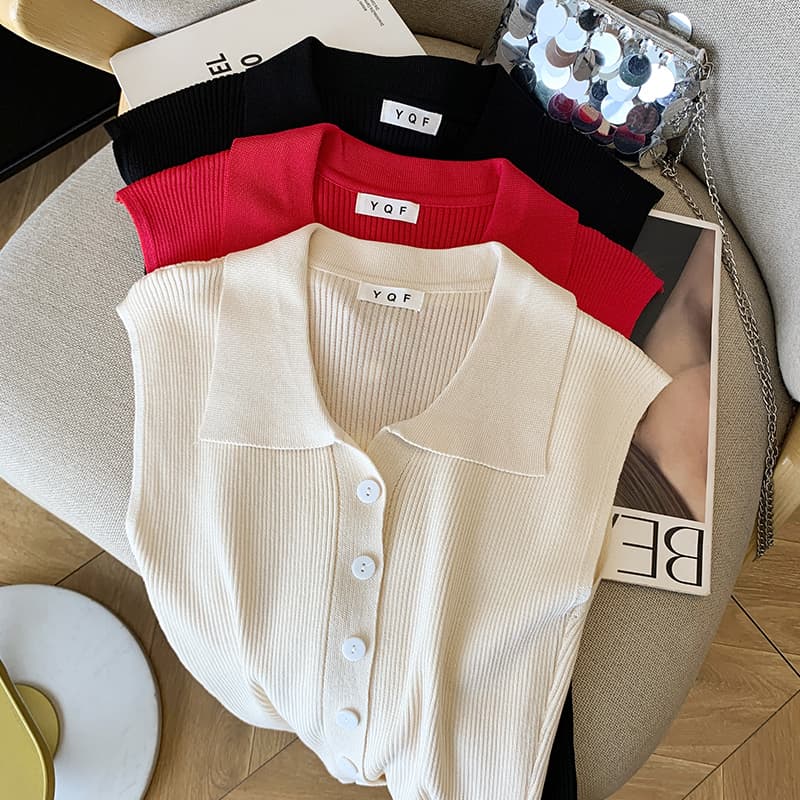 실사 대 물품 2026 여름 새로운 POLO 칼라 민소매 조끼 t 달콤한 핫걸 맨위 얼음 실크 니트 스웨터 여성 이미지 4