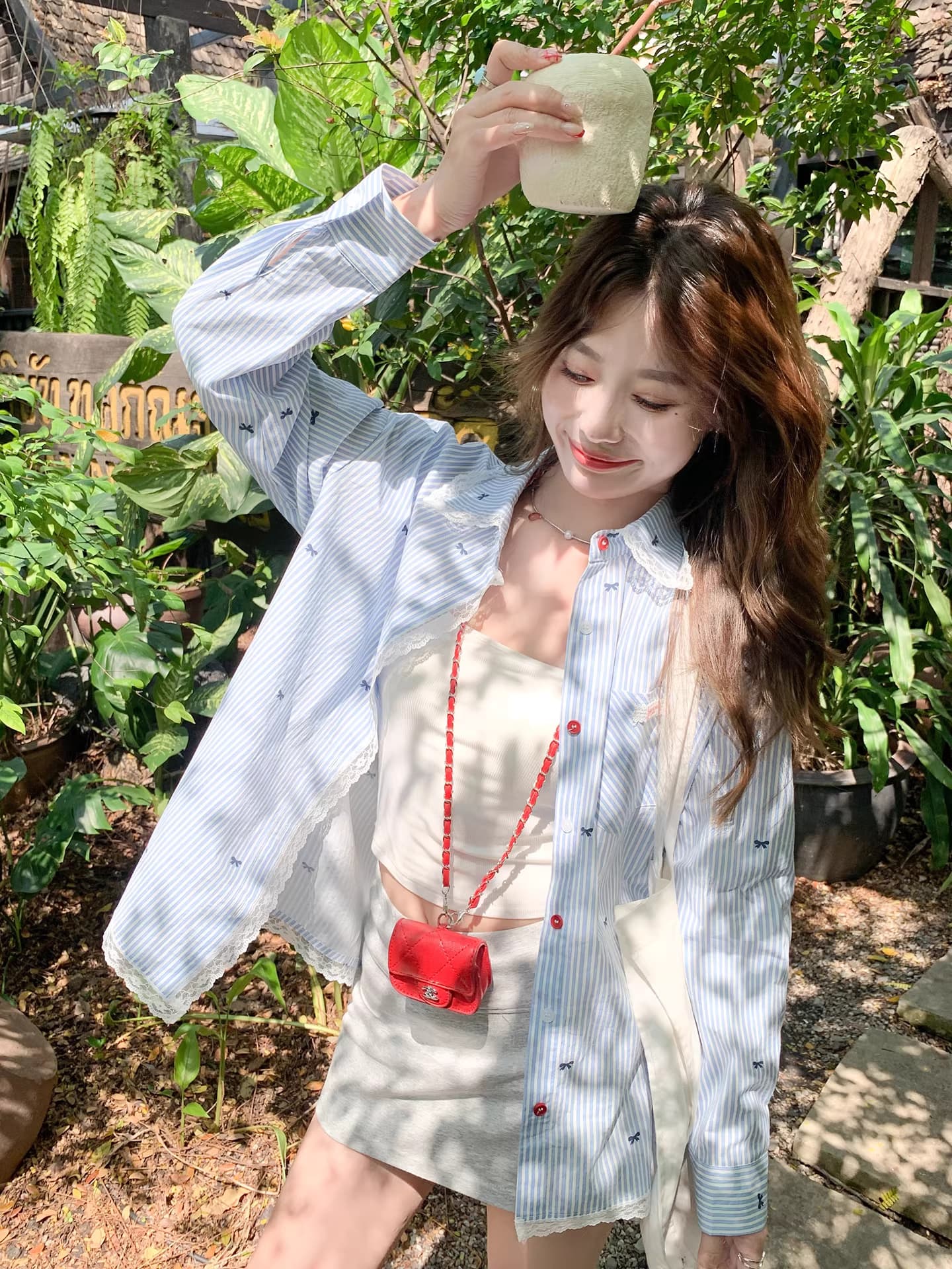 한 부서 자수 파란색 스트라이프 셔츠 여성 코트 조기 봄 새로운 루즈핏 셔츠 오픈 가디건 맨위 이미지 3