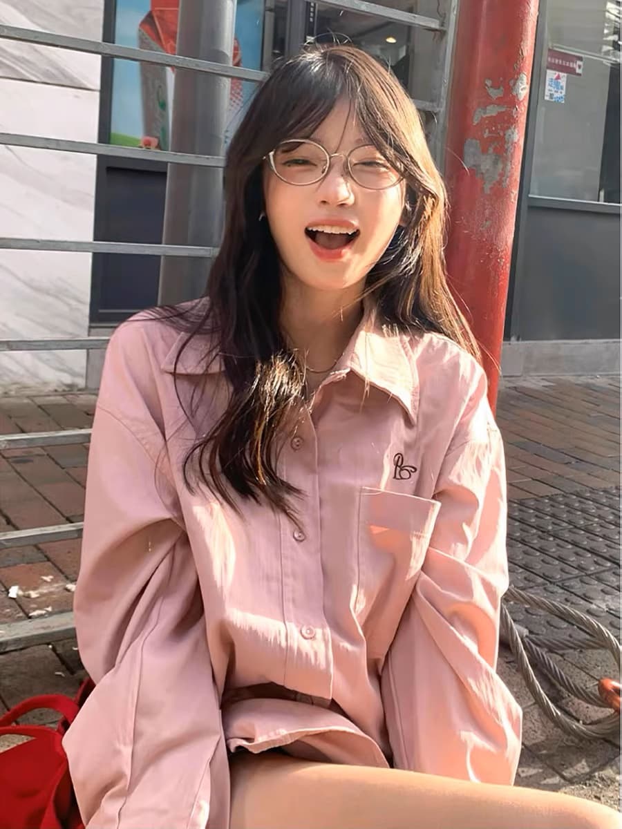 고급 센스 핑크색 셔츠 여성 코트 이른 가을 한 부서 착용 가져 가라. 알파벳 자수 긴팔 셔츠 루즈핏 캐주얼 맨위 이미지 4