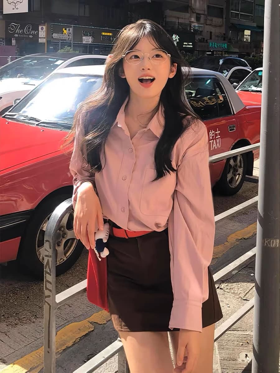 고급 센스 핑크색 셔츠 여성 코트 이른 가을 한 부서 착용 가져 가라. 알파벳 자수 긴팔 셔츠 루즈핏 캐주얼 맨위 이미지 3