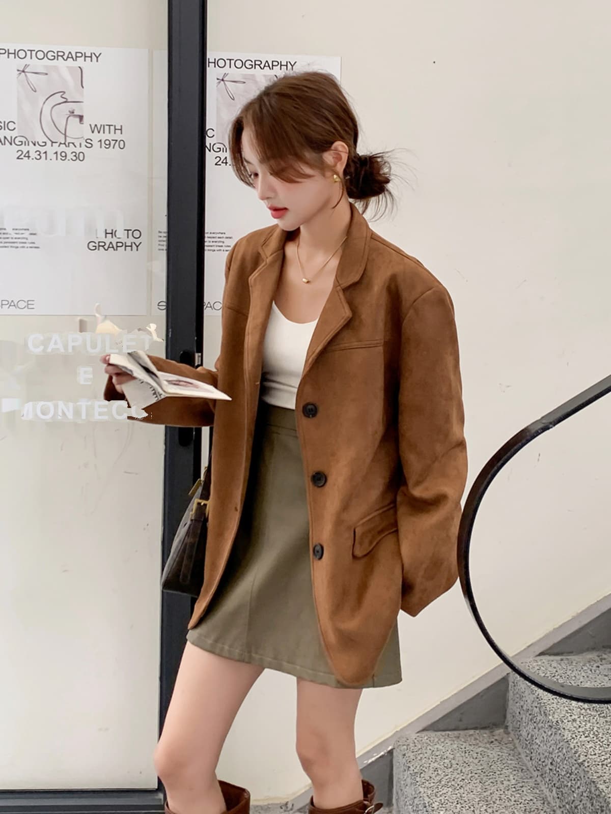 아메리칸 레트로 커피 색상 사슴 캐시미어 정장 여성 코트 2026 봄 가을 새로운 아름다움 라드. 착용 가져 가라. 작은 키 정장 이미지 3