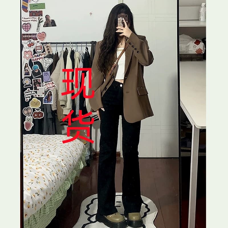 고급 디자인 센스 브라운 정장 여성 코트 2024 가을 새로운 한국 스타일 루즈핏 슬림해 보이는 작은 키 정장 상세 이미지 1
