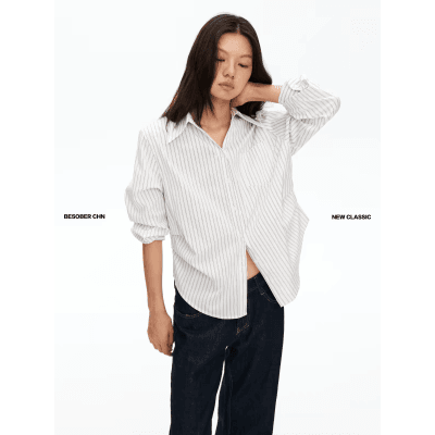 besober 스트라이프 화이트 폴로 칼라 허리 명중 Pleat 여성 셔츠 루즈핏 캐주얼 품격 긴팔 셔츠 맨위 가을 상세 이미지 3