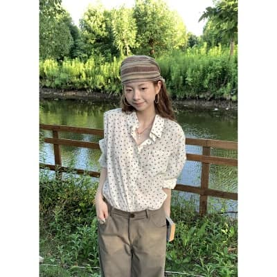 helloooeat 몸매 가꾸기 주간 실크 면 린넨 문예 품격 꽃무늬 셔츠 폴로 칼라 긴팔 외부 가져 가라. 여성 상세 이미지 1