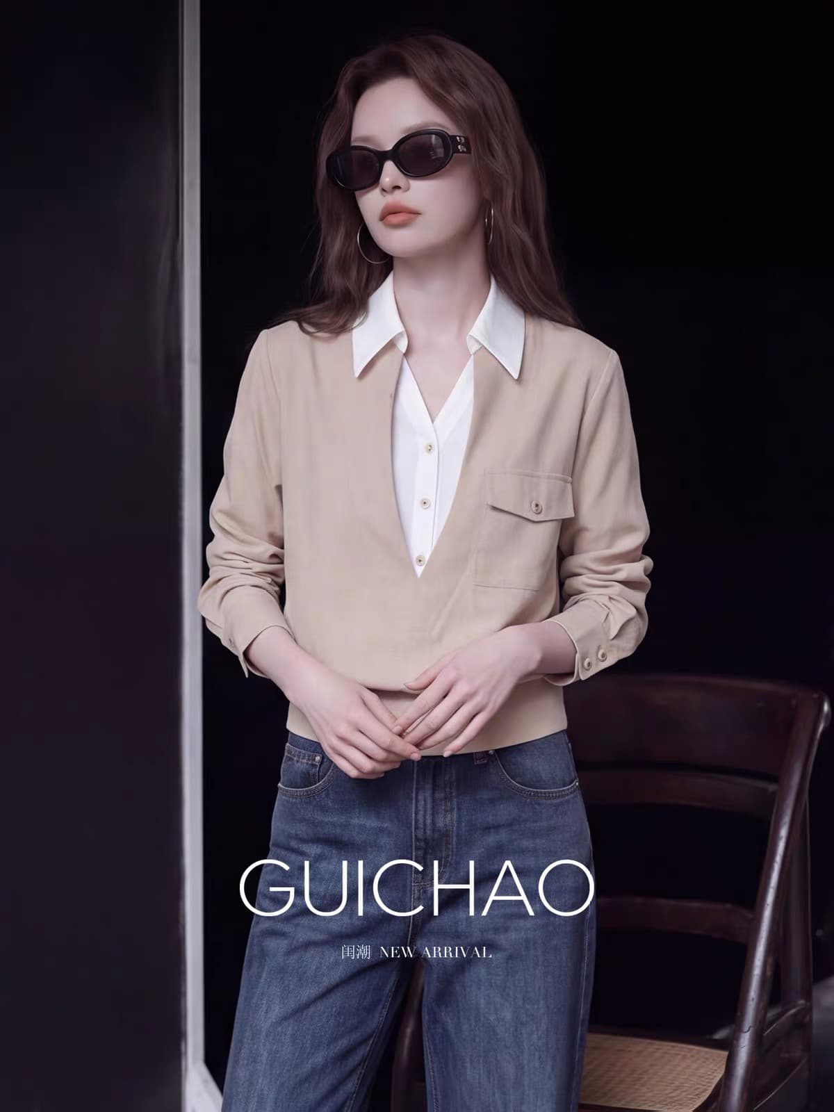 2026 가을 프랑스식 사소한 Chic 맨위 고유 한 아름다운 연령 감소 디자인 센스 작은 대중 살구 색상 페이크 레이어드 여성 셔츠 이미지 3